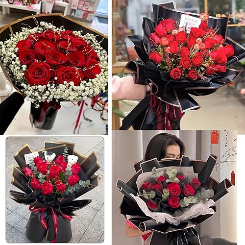 Miniatura 3 de EMITAOHWF 20 hojas de papel de regalo de flores, borde negro y dorado, impermeable, papel de regalo para flores, papel de regalo para manualidades,