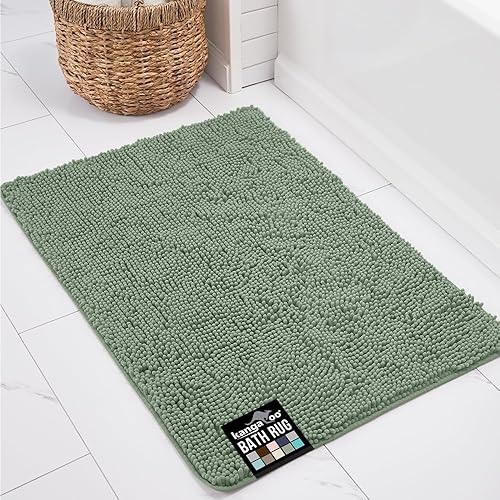 KANGAROO Bathroom Rugs, Chenille Soft Absorbent Bath Rug, Shaggy Shower Mat, Quick Dry Machine Wash Bathmat, Plush Carpet Mats for Tub, Bathtub and Room Home Decor Accessories, 60x24, Sage