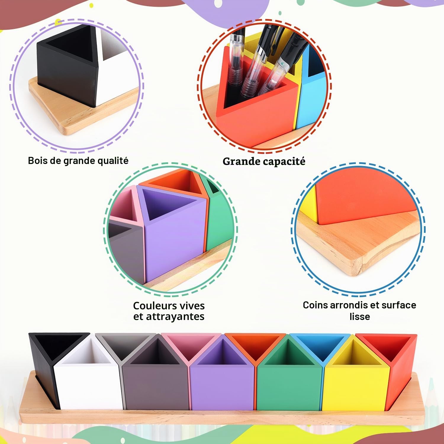 Pot à Crayons de Couleur en Bois, avec 11 Compartiments Amovibles Porte-Stylos Organiseur de Crayons Montessori pour Enfants Fournitures Scolaires et Bureau