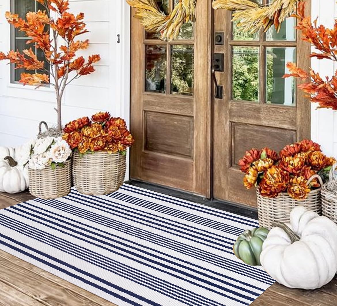 Tapis d'intérieur/extérieur rayé en Coton tissé à la Main Generic Bleu et