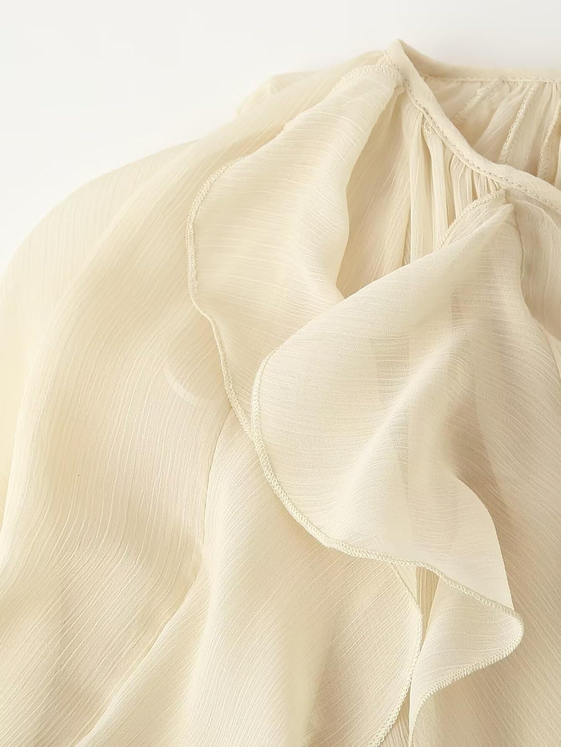 Womens Ruffle Chiffon Blouse Trendy Semi Sheer V Neck Top Long Sleeve Button Down Oversized Shirts - Image 6