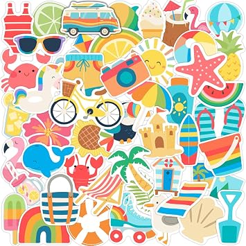 50Pcs Summer Stickers, Cute Vinyl Waterproof Tropical Beach Theme Decals for Kids Water Bottles Laptop Stationery Notebook Skateboard, Sun Surf Party Favors 2-3 Inch