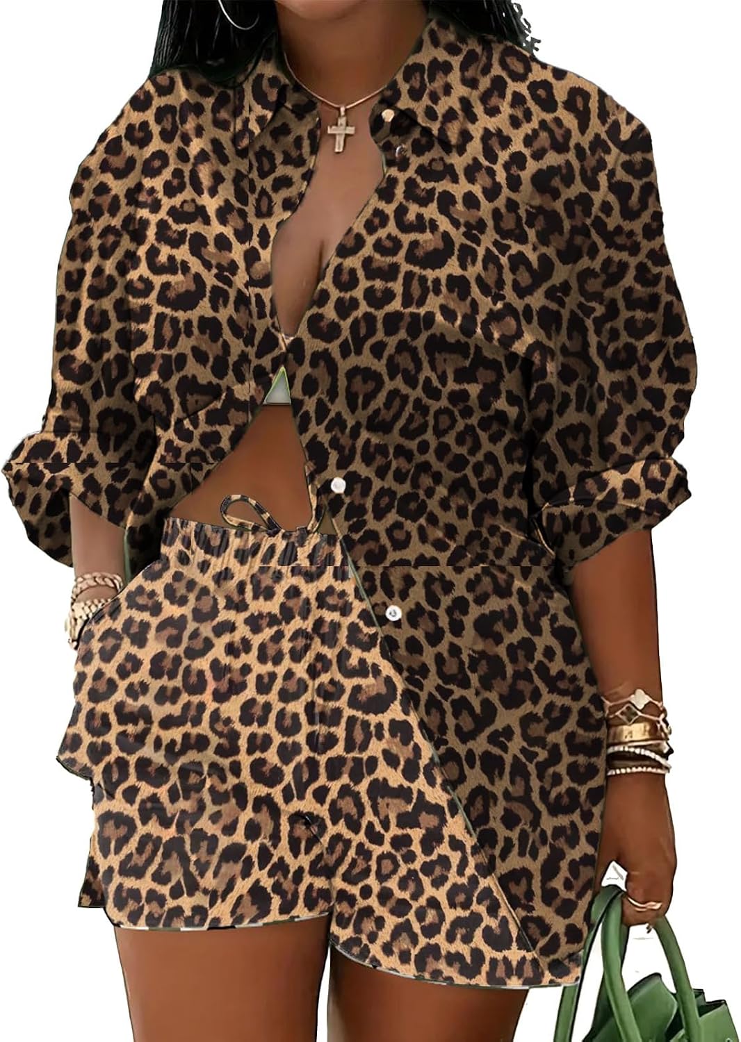 Mandonce 2 Piece Outfits for Women Long Sleeve Printed Shirt and Elastic Lace-Up Shorts with Pockets Beach Vacation Clothes