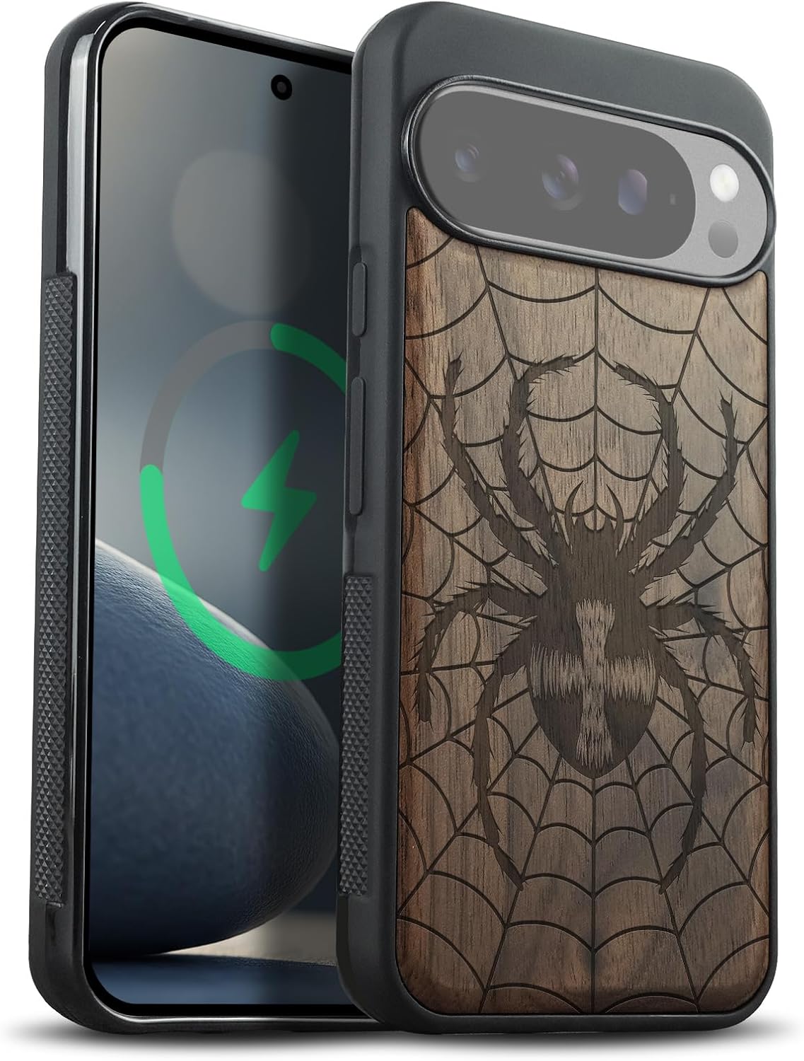 Carveit Magnetic Wooden Case for Google Pixel 10 Pro XL Case, Wood Artisan Engraved & Soft TPU Shockproof Cover, Compatible with MagSafe Wireless Chargers (Web Weaver's Dominion) Walnut