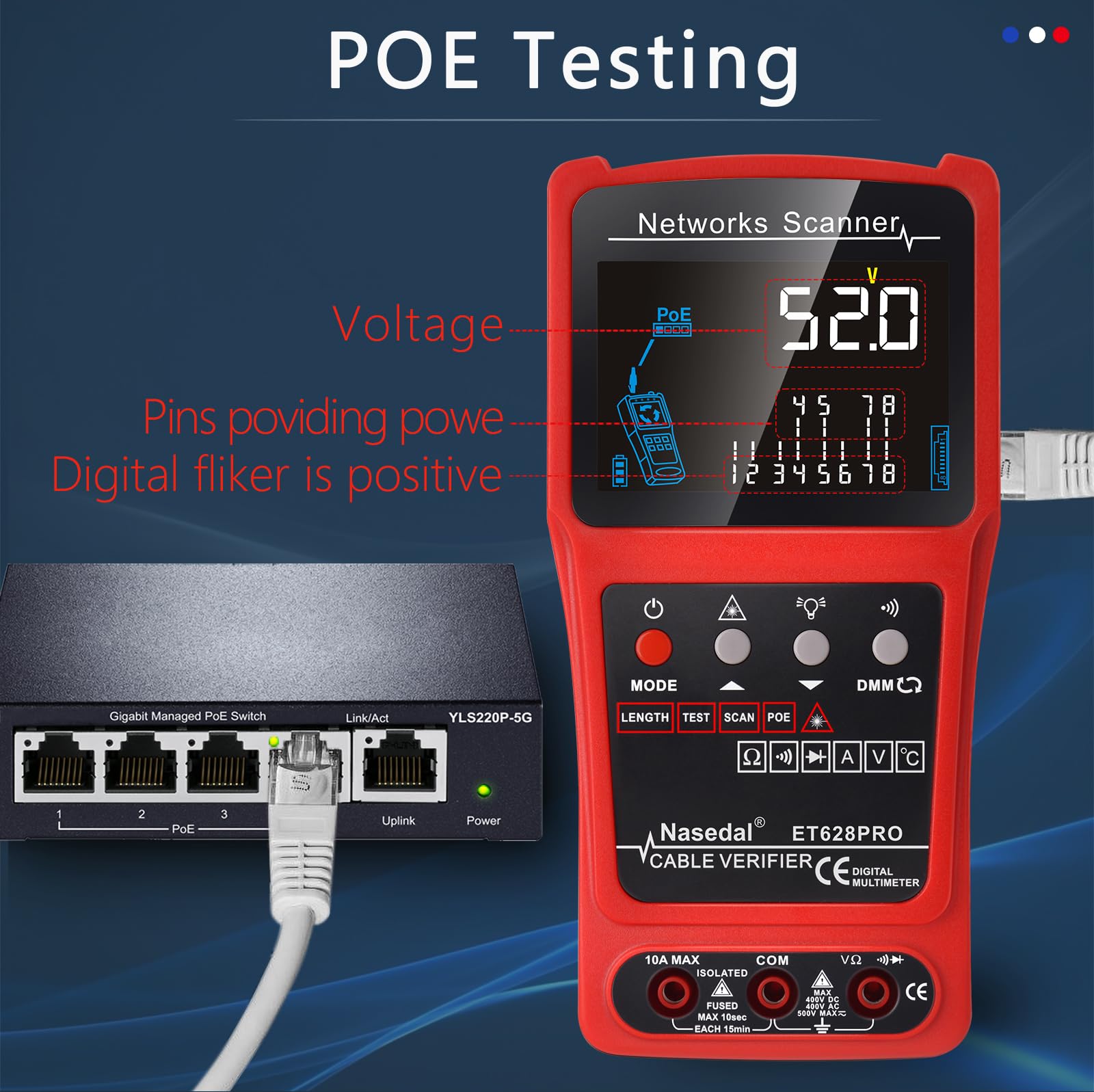 Network Cable Tester Wire Tracker Tone Generator Ethernet Tester Multímetro VFL 3 en 1 RJ45 CAT5 CAT6 CAT7 CAT8 RJ11 Tone BNC Tester PoE Test Cable Length Cable