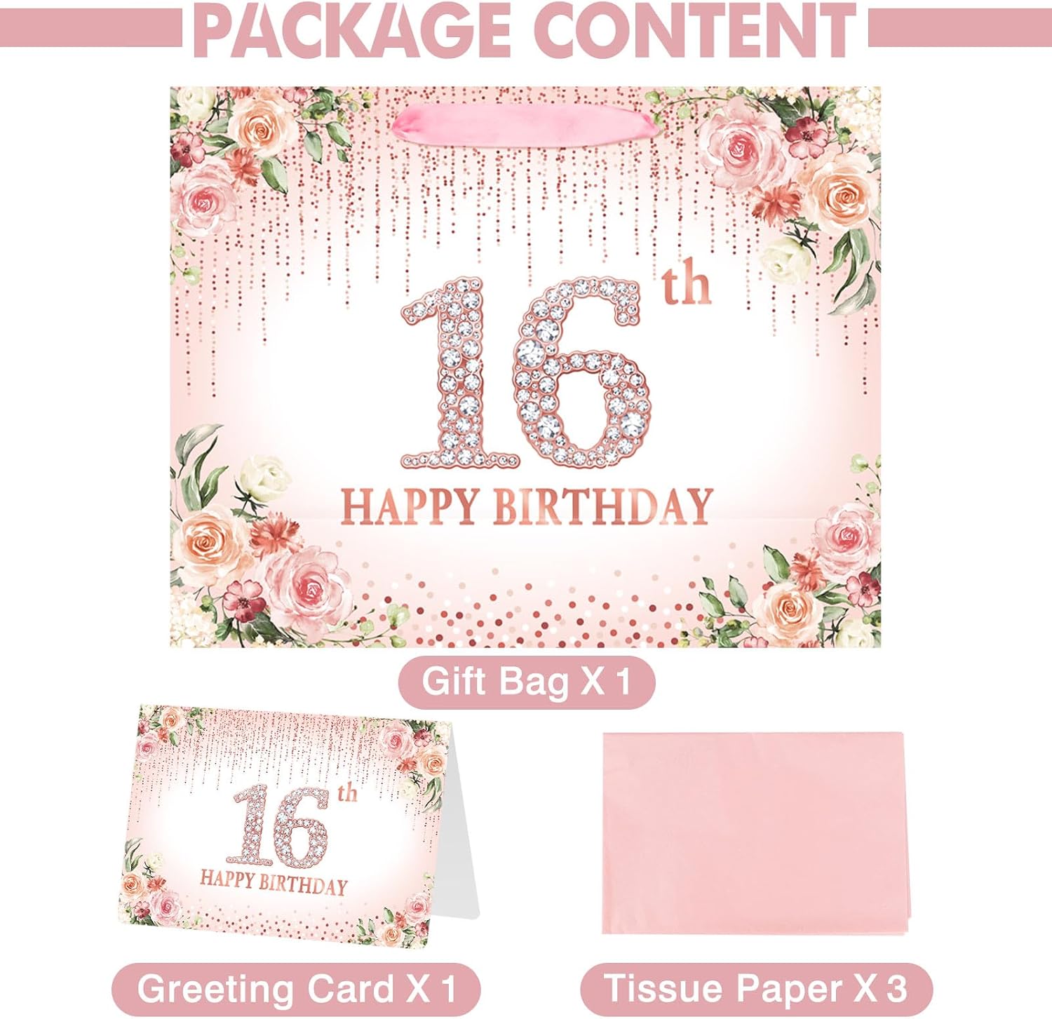 Laidans Large Sweet 16th Happy Birthday Gift Bag with Tissue Paper & Card image 3