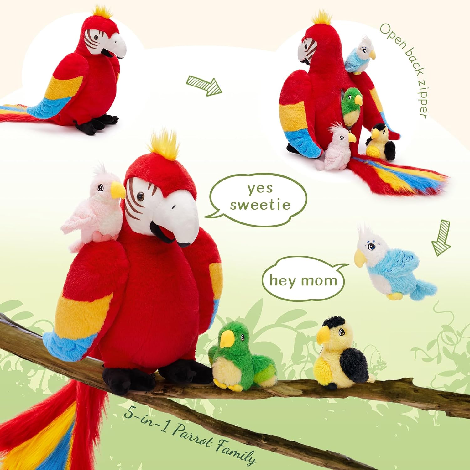 Tezituor Macaw Parrot Stuffed Animals with Babies, 18'' Mommy Stuffed Parrot Plush with 4 Baby Parrots, Realistic Parrot Toys for Kids, Big Bird Plush Toy Gift for Christmas Birthday Decoration