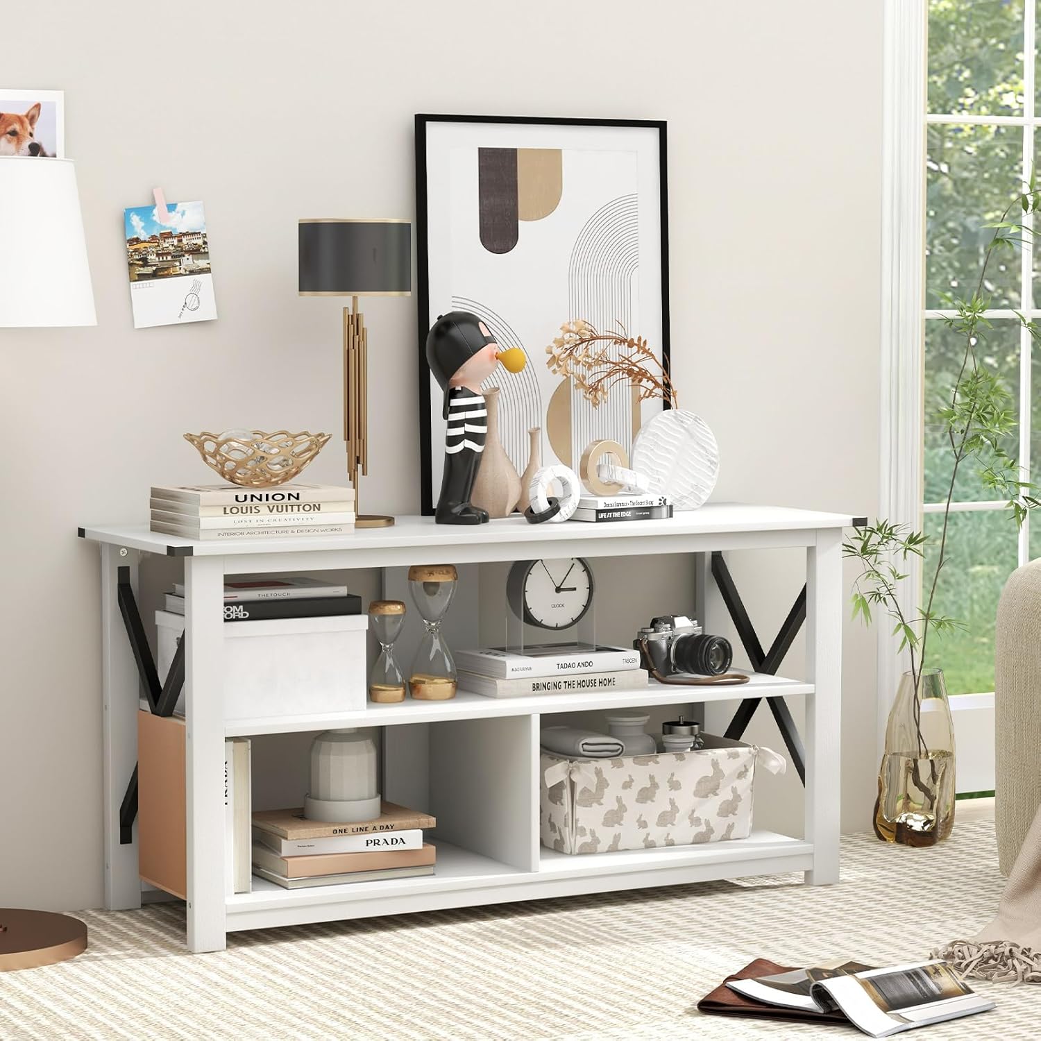 Tangkula Wood TV Stand with Open Shelves and X-Shaped Frame, 3 Tier Entertainment Center for 55-Inch TV, Farmhouse TV Console Table, Open TV Stands for Living Room Bedroom (White)