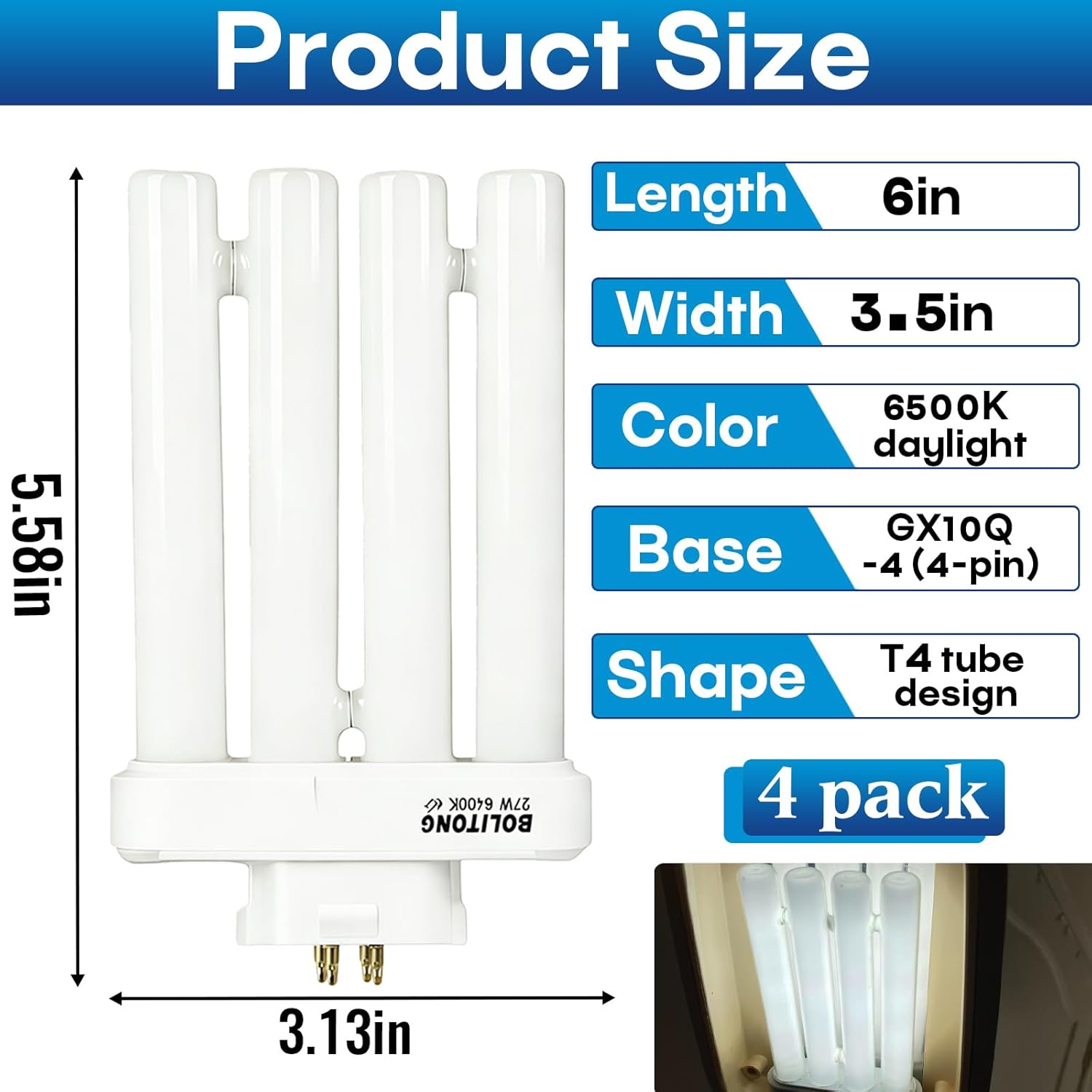 4 Pack CFML27VLX Replacement Fluorescent Light Bulb Compatible with Verilux Fluorescent Bulb 27 Watt 4-Pin GX10Q-4 Base, 6500K Daylight Replacement for Verilux Bulbs