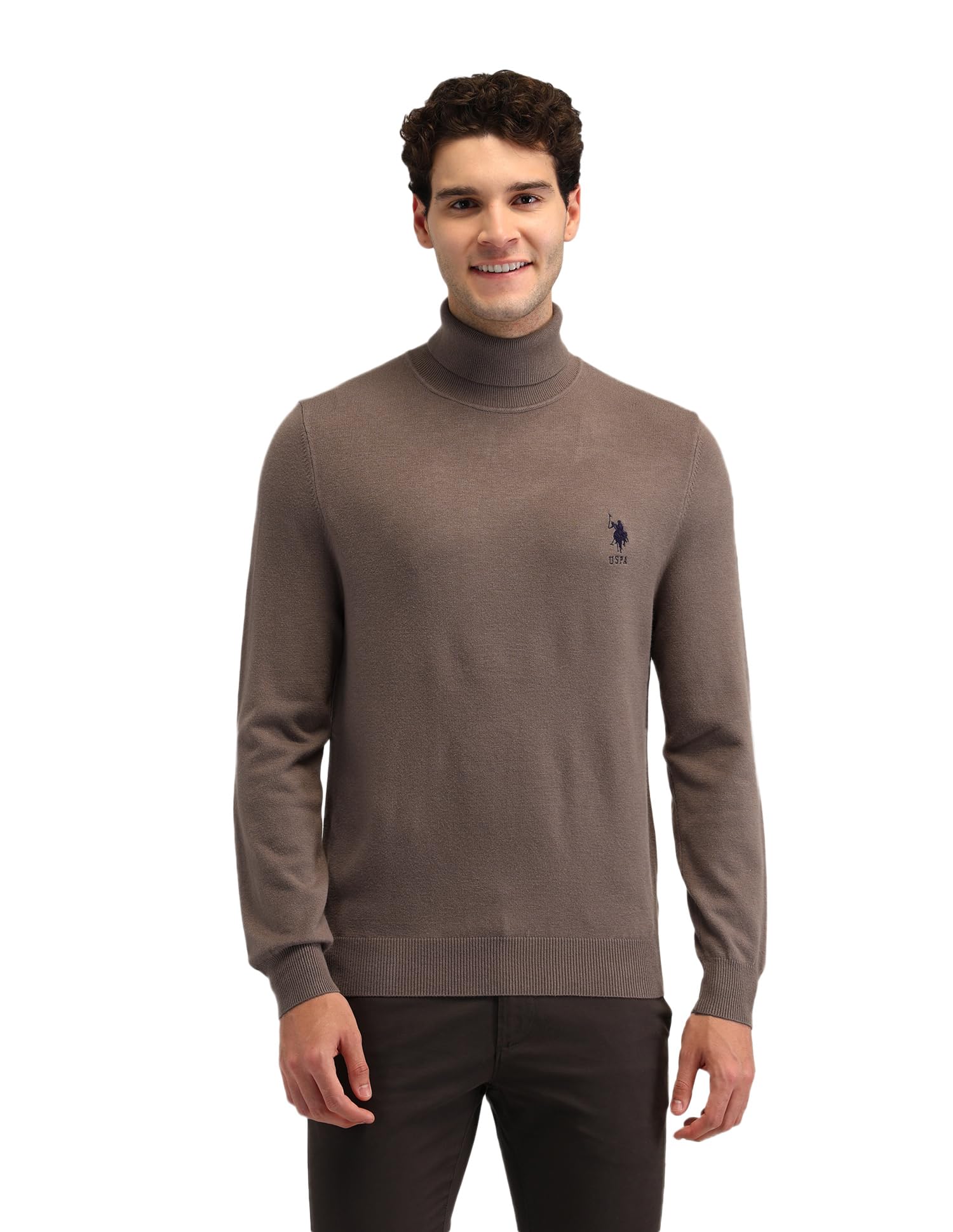 u.s. polo assn. Men's Brown Solid Turtle Neck Long Sleeve Casual Acrylic Regular Fit Pullover Sweater-picture-13