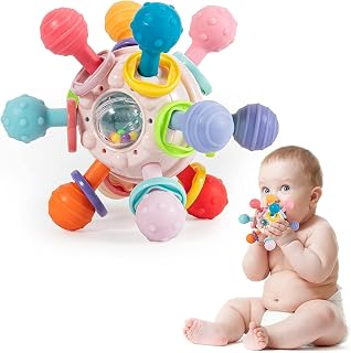 Sensory Teething Teether Toys for Babies 3-6-12 Months，Baby Montessori Sensory Teething Ball Toys, Easy to Hold Infant Teether Rattle Chew Toys for 3-6-12-18 Months Baby Girl Boy Gifts (Pink)