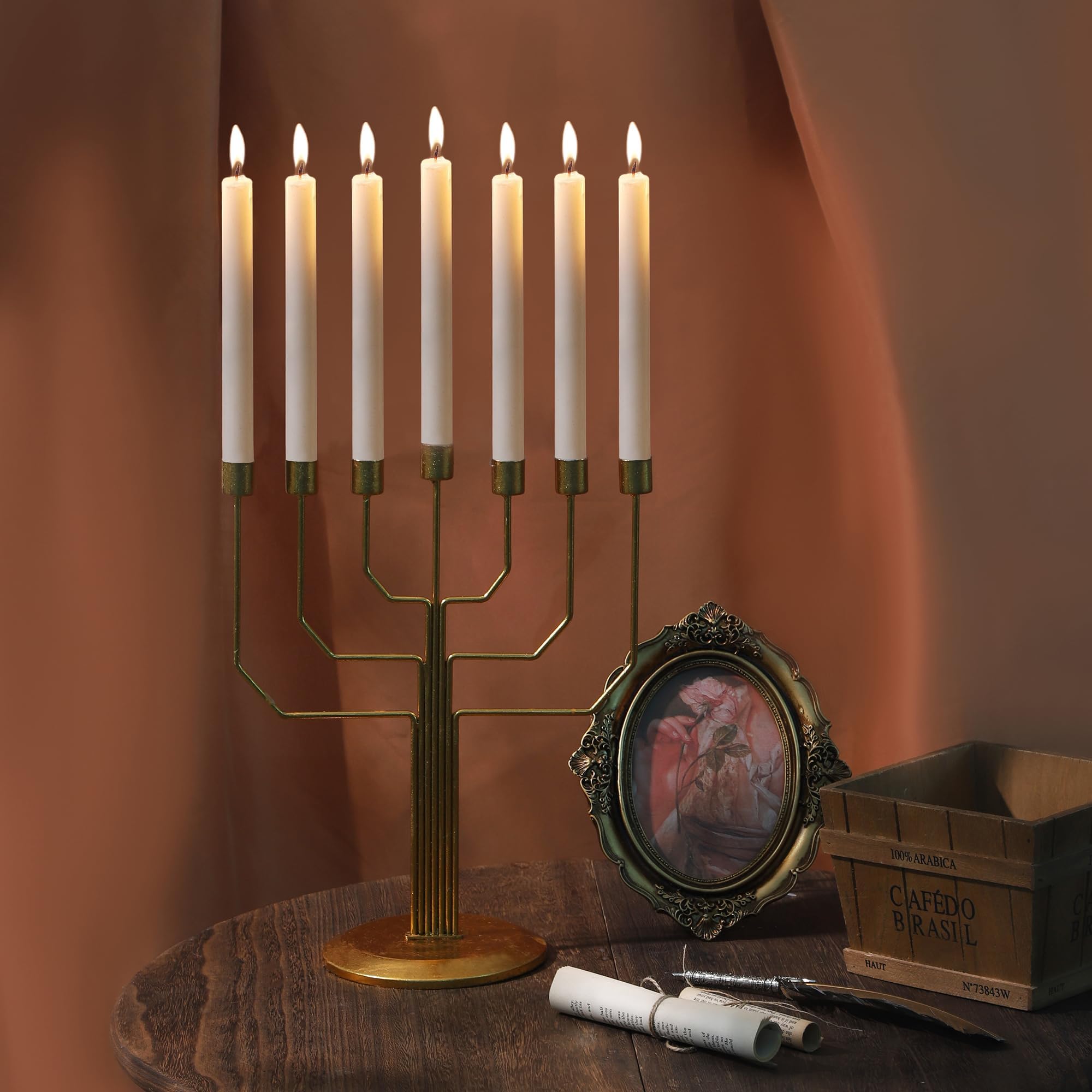 7 Branch Israel Hanukkah Menorah, Jerusalem Temple Jewish Candle Holder (14.3 inch, Gold)