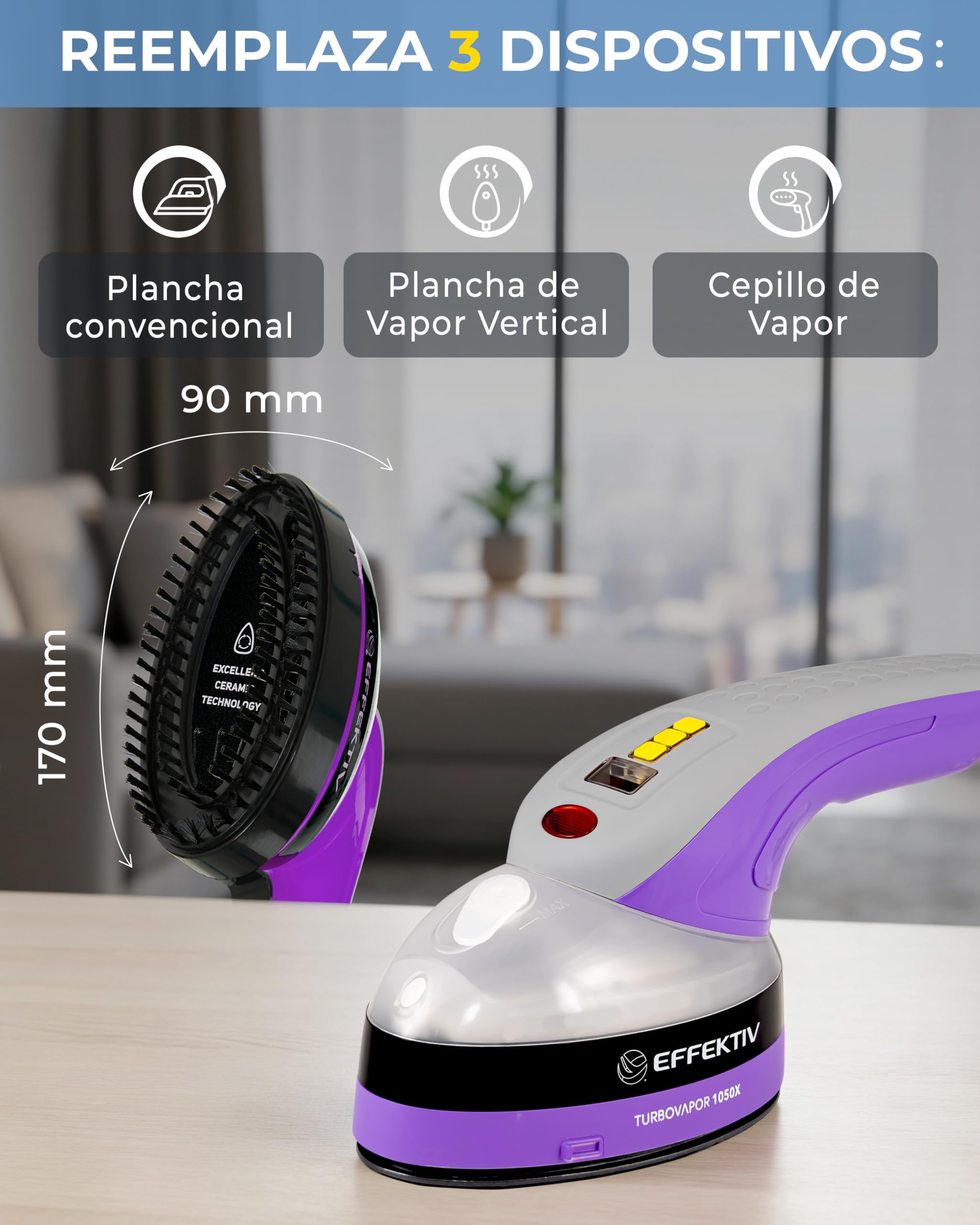 Plancha Vertical Vapor EFFEKTIV, 1800W, 3 en 1 Vapor Vertical Premium, Plancha Ropa con Suela Cerámica, Cepillo de Vapor, Depósito 250ml, Vapor Continuo 750mg/sec, Pantalla led, Autoapagado, Cable 3m