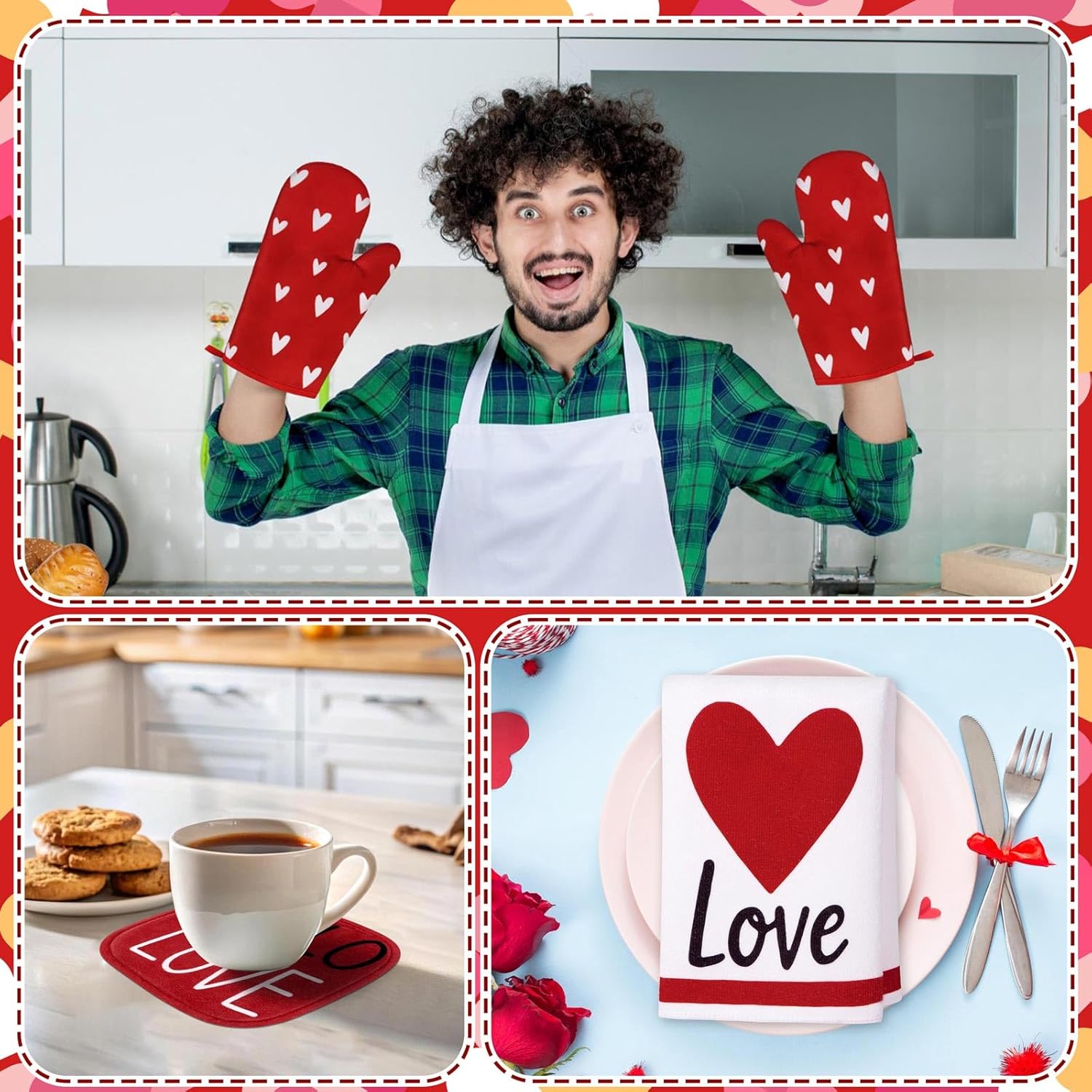 Tieshankao 10Pcs Valentines Day Kitchen Decor Set Towels Pot Holders Oven Mitts Mats for Home Baking Gifts