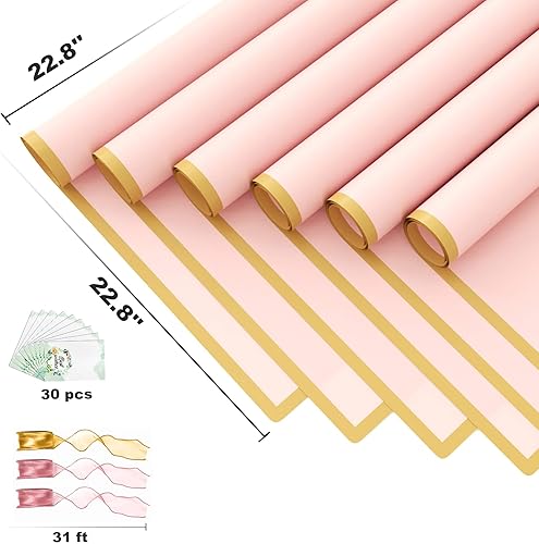 Miniatura 2 de JOYIT 60 hojas de papel de regalo de flores rosadas, papel de regalo de ramo de flores con cinta y tarjetas, papel de flores impermeable para bodas,