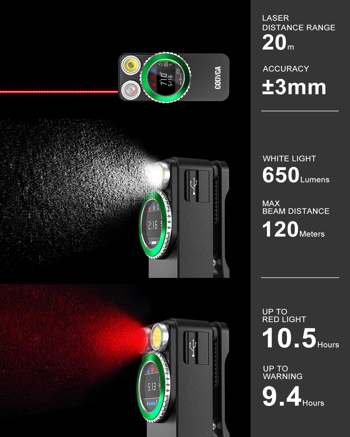 Godyga Torcia LED 4-in-1 Ricaricabile con Metro Laser, Luce Bianca & Rossa, Contatore Colpi Golf, 500 Lumen IPX6, Torcia Compatta con Clip Magnetica