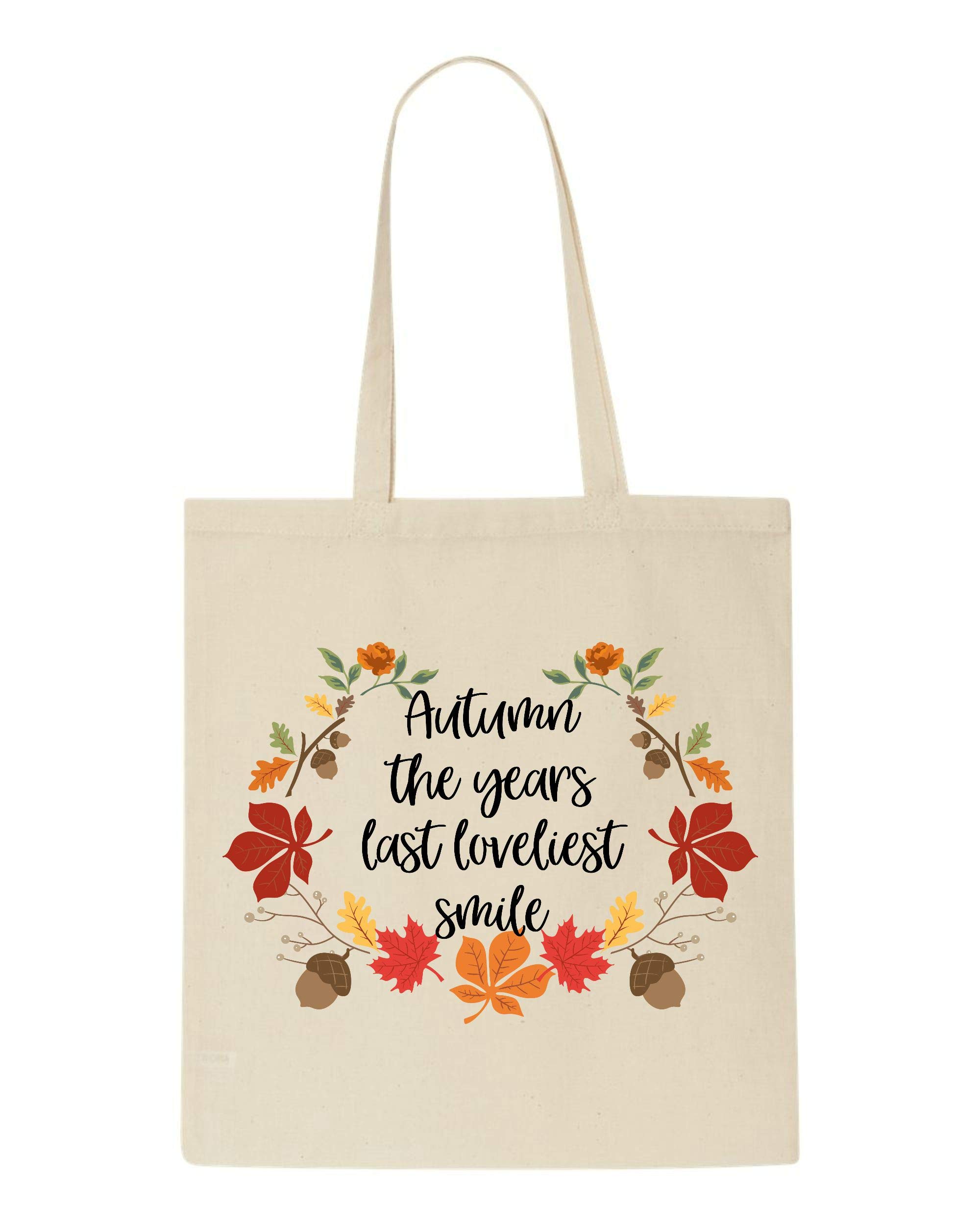 Autumn the years last loveliest smile wreath autumn quote tote style shopping bag