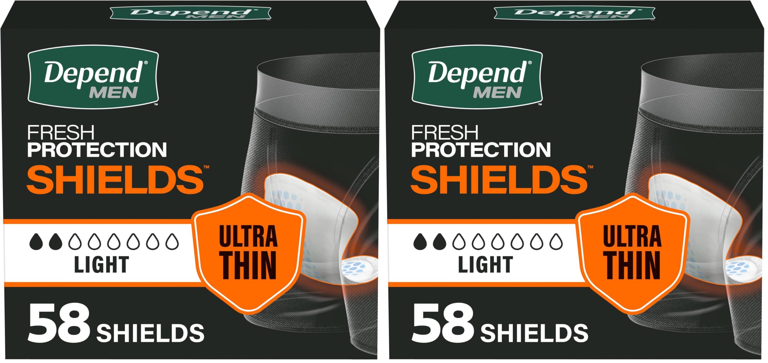 Depend Shields Incontinence Pads for Men, Light Absorbency, 58 Count (Packaging May Vary) (Pack of 2)
