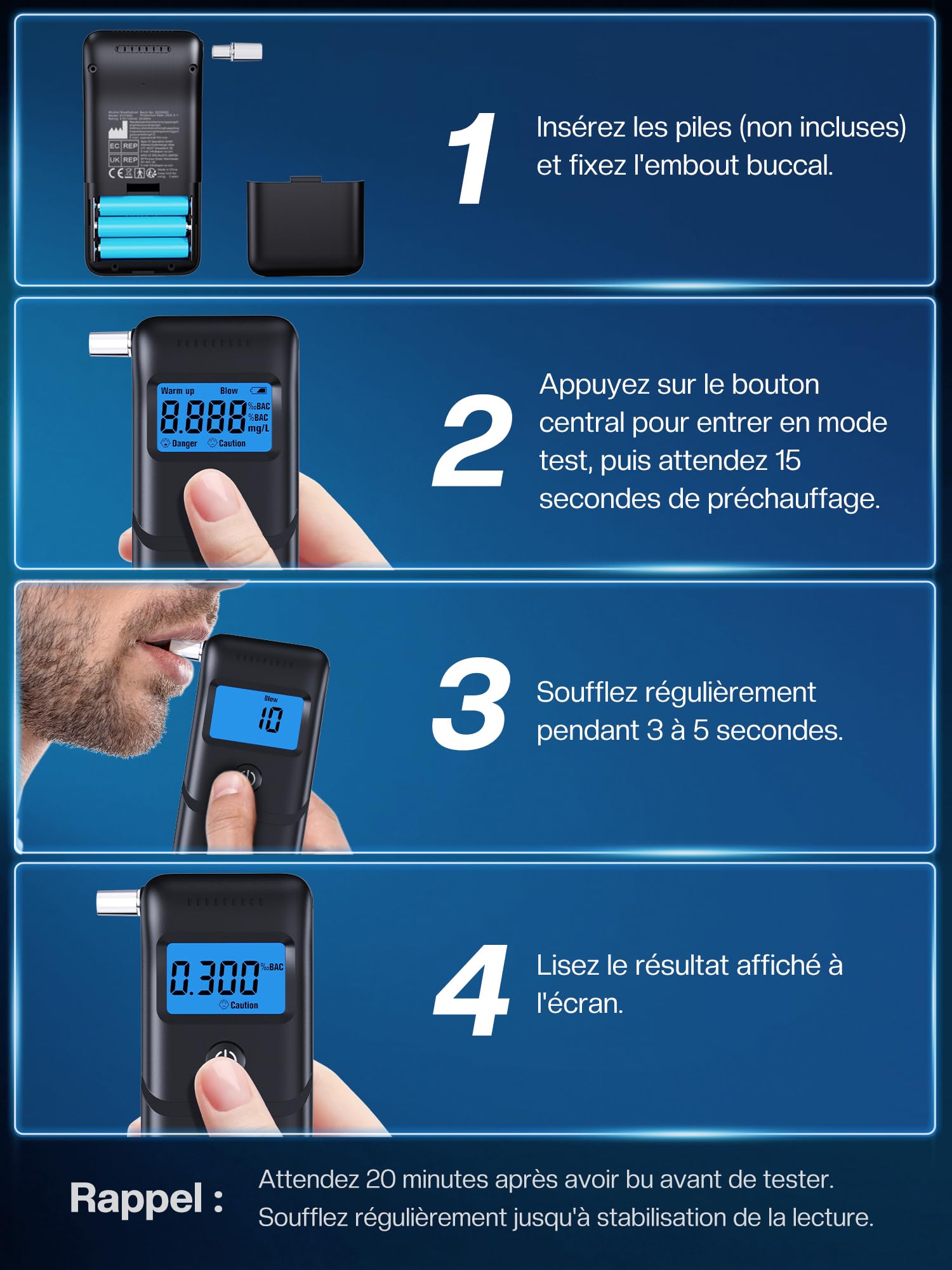 Ethylotest Electronique Précis Alcootest Numérique: Ethylometre Professionnel avec Écran LCD HD Capteur de Haute Précision - Portable Ethylotest avec 10 Embouts pour Particuliers et Usage Domestique
