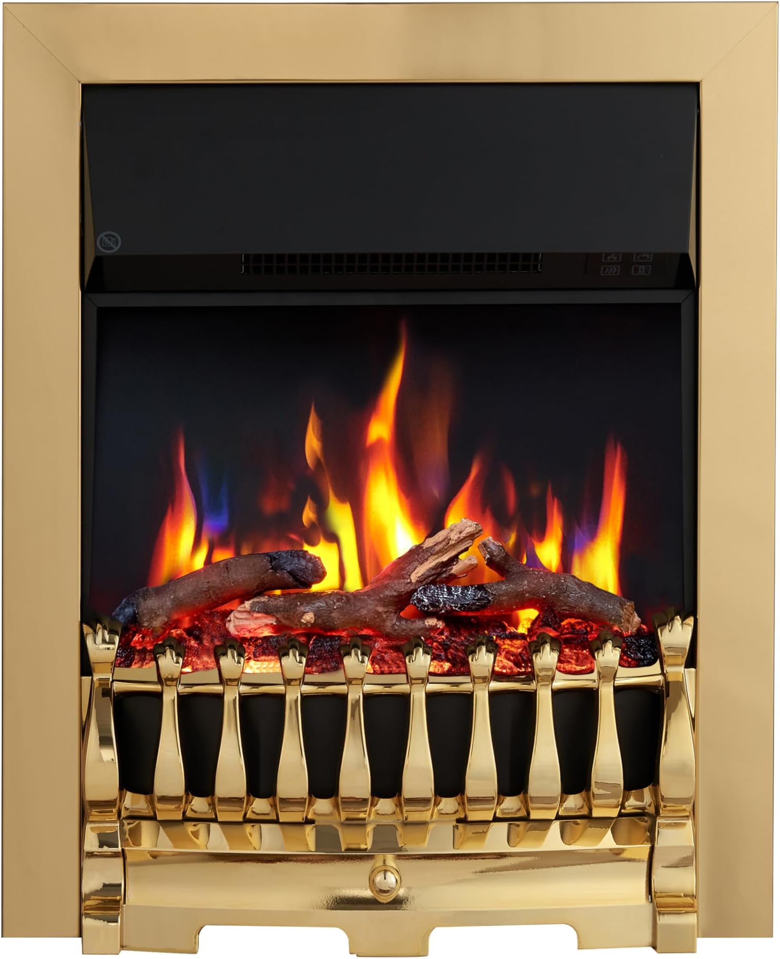 FLAMEKO Verona 16’’ Fireplace Insert, 2000W Heater, Brass Trim with Spacer, Blenheim Fret, 9 Colour Flame Effect, Remote Control
