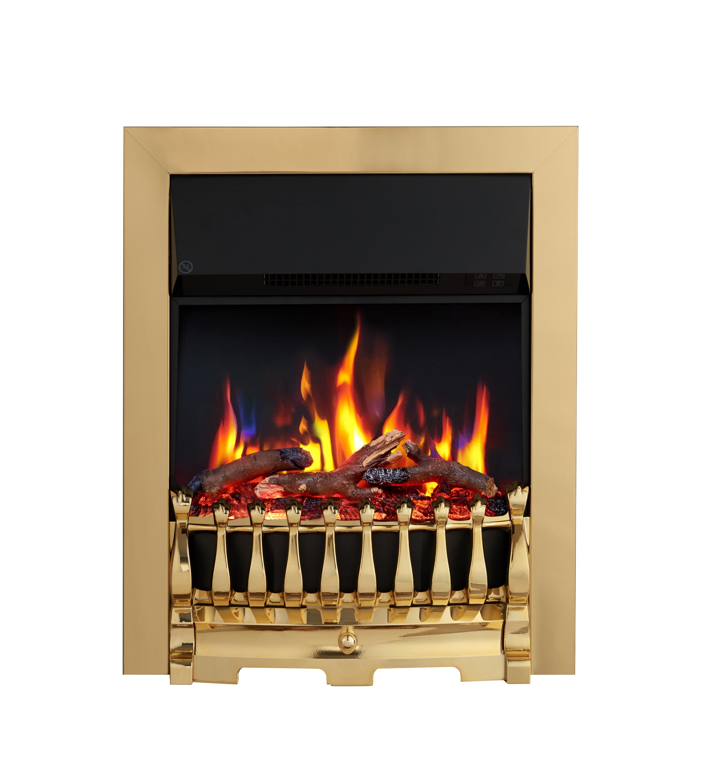 FLAMEKO Verona 16’’ Fireplace Insert, 2000W Heater, Brass Trim with Spacer, Blenheim Fret, 9 Colour Flame Effect, Remote Control