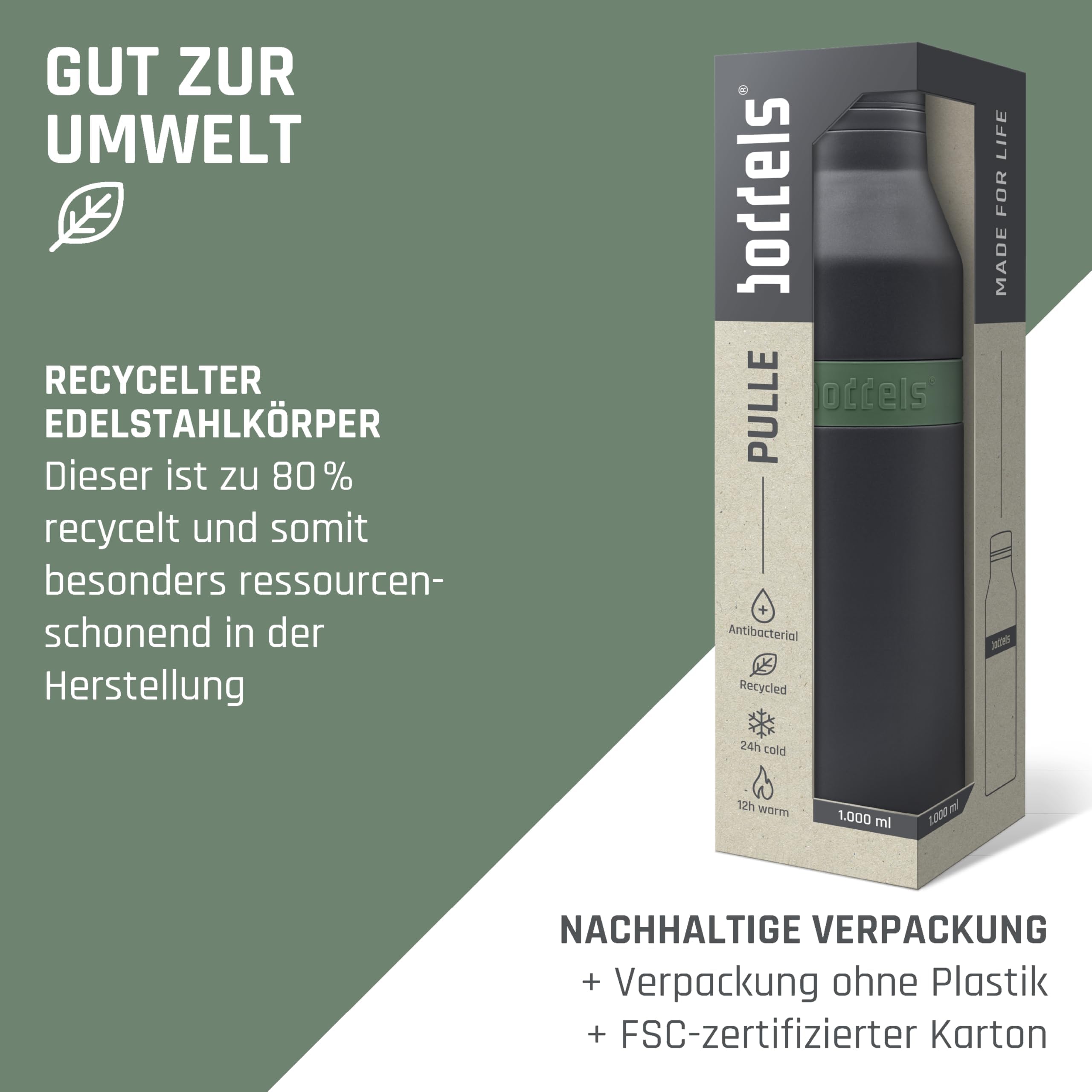 PULLE Edelstahl Trinkflasche 500ml & 1l - spülmaschinenfest, 100% auslaufsicher, leicht zu reinigen, Kohlensäure geeignet, 24h kalt & 12h warm, recycelter Edelstahl (Anthrazit/Salbeigrün, 1000ml)