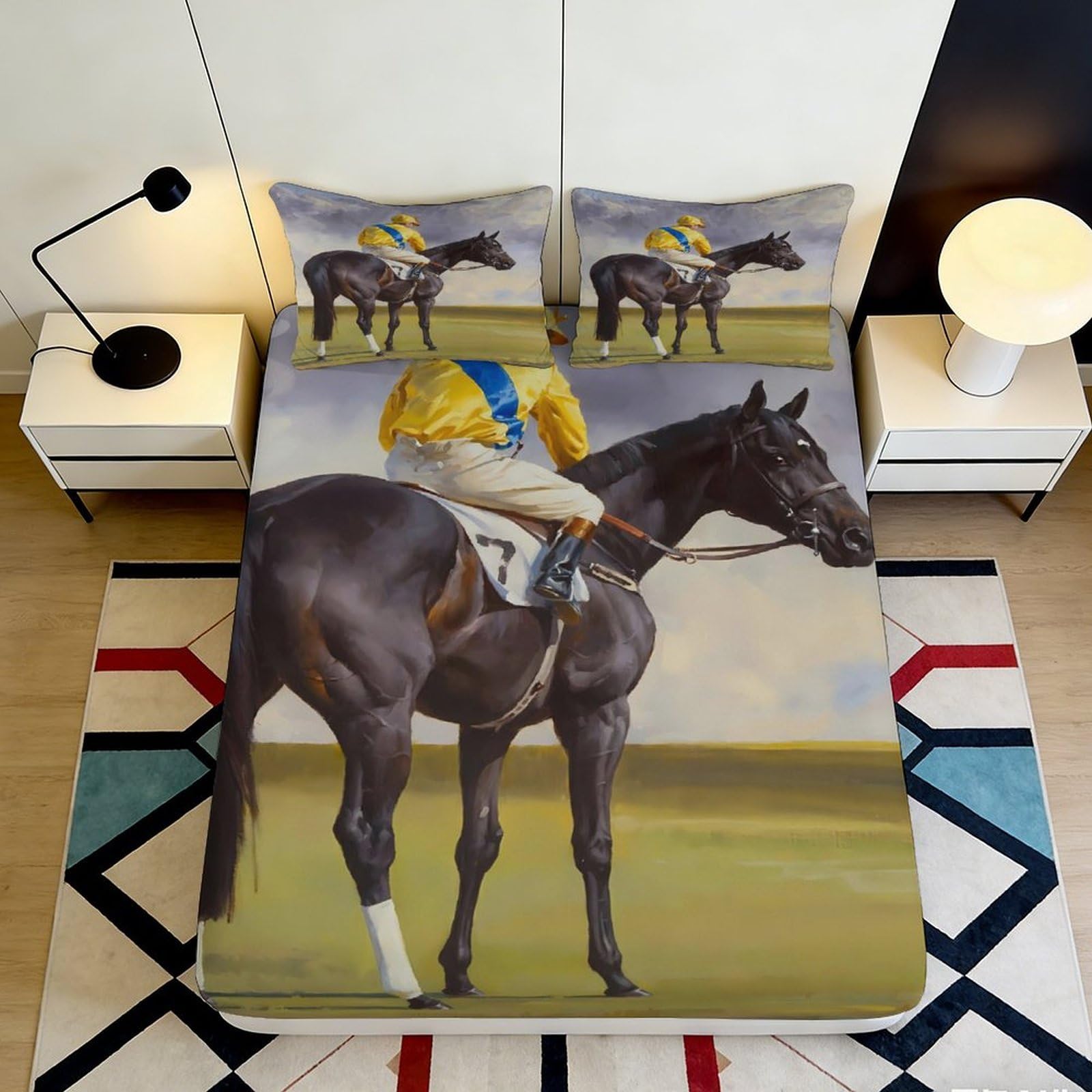 Pnayamiorkfel Style-7 3D Printed Horse Rider Art Fitted Sheet Microfiber Black Racehorse Mattress Cover For Bedroom Guest Room Decor 90X200x25cm