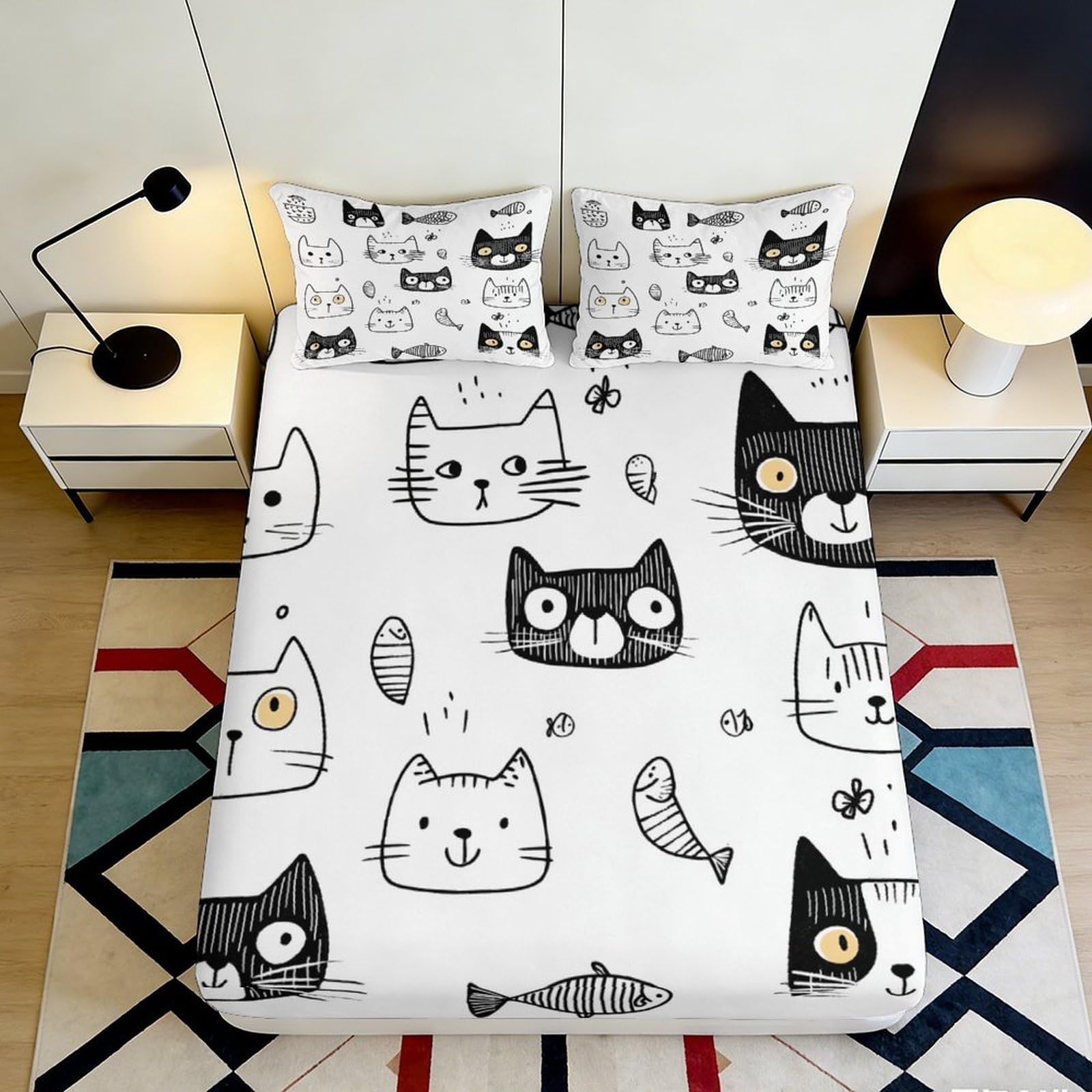 3D Printed Cartoon Cat Fitted Sheet Microfiber Deep Pocket Bedroom Bedding Elastic Hem Cat Mattress Fitted Cover Washable for Adults Teens 90x200x25cm