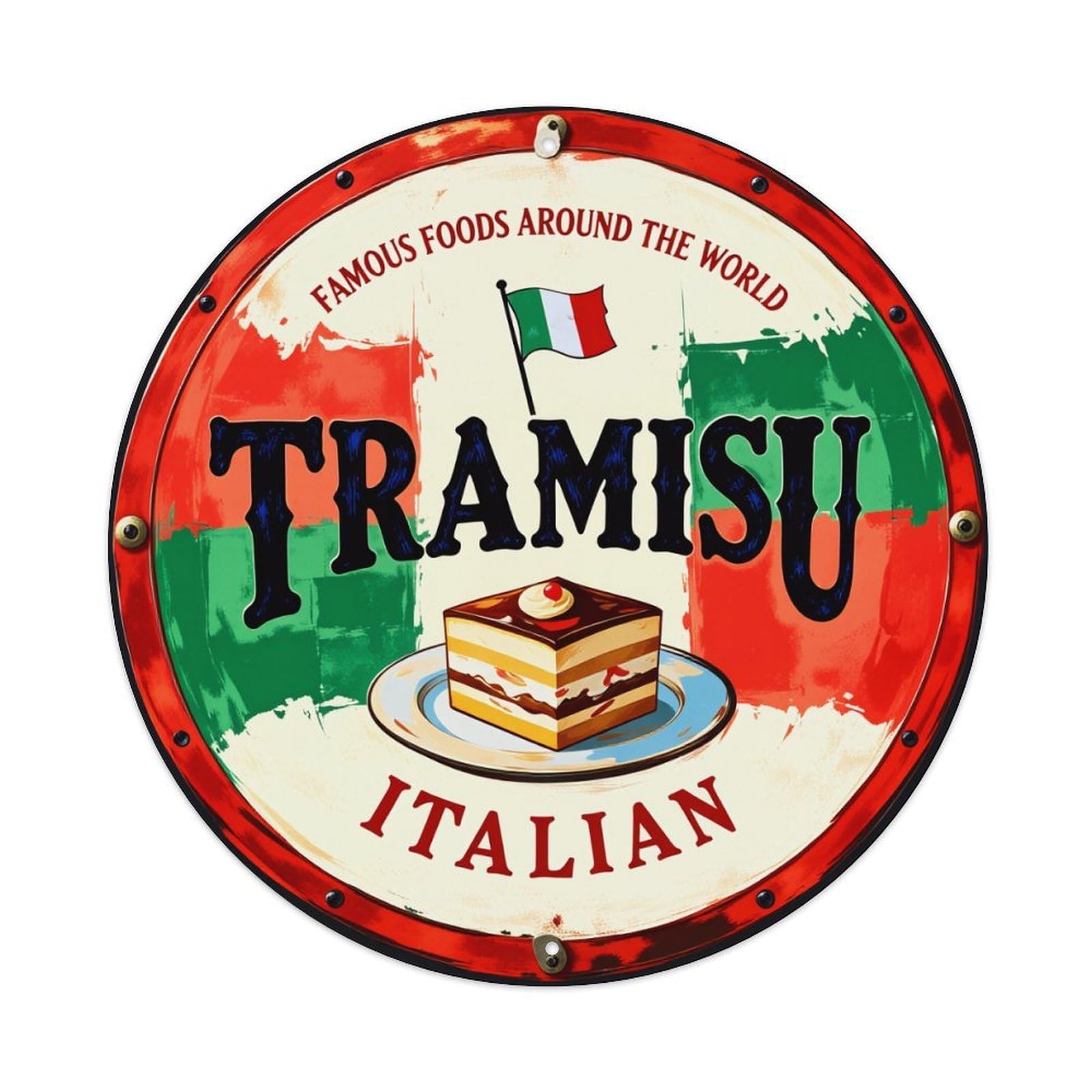 Italian Flag Cake Tramisu Sign Round Tin Sign Vintage Metal Poster, Home Bar Garage Man Cave Cafe Indoor & Outdoor Wall Decoration 8x8Inches