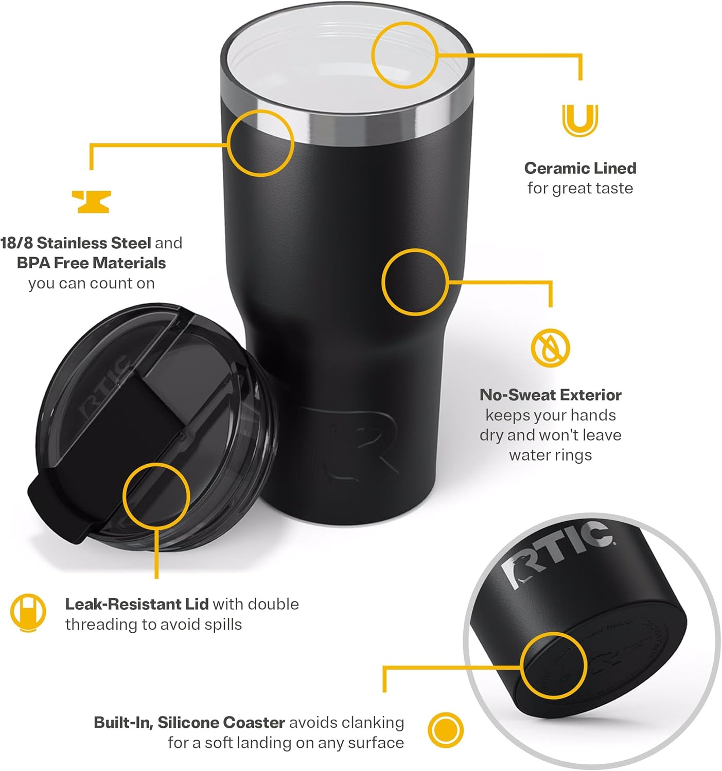 RTIC 20oz Essential Tumbler with Lid, Ceramic Lined, Insulated, Stainless Steel, Metal, Double Wall Vacuum-Insulation, Travel Cup for Iced Coffee, Tea, Hot and Cold Drink, Black - Image 4