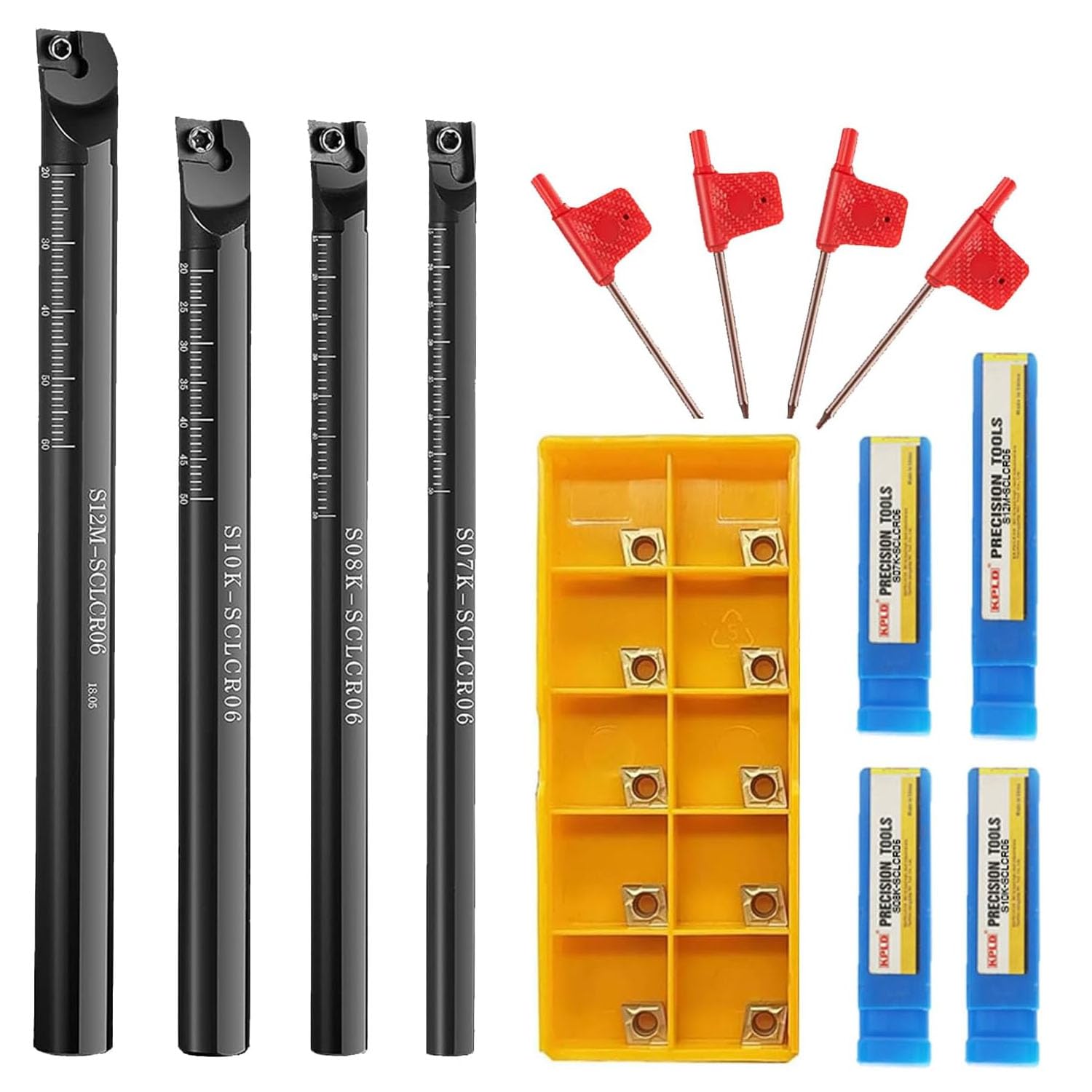 LINZUAN 14 pcs Lathe Boring Bar Set 4 Pieces 95 Degree S07K/ S08K/ S10K/ S12M-SCLCR06 Lathe Boring Internal Turning Bar Holder with 10 Pcs CCMT21.51 Carbide Inserts and 4 Pcs Wrench