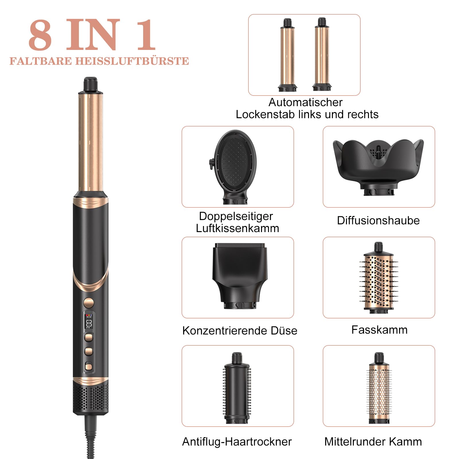Suszarka do włosów 8 w 1, multistyler AirStyler, 1600 W, urządzenie do stylizacji włosów z silnikiem o prędkości 11 0000 obr./min, z grzebieniem powietrznym, lokówką (lewa i prawa), dyfuzorem, dyszą