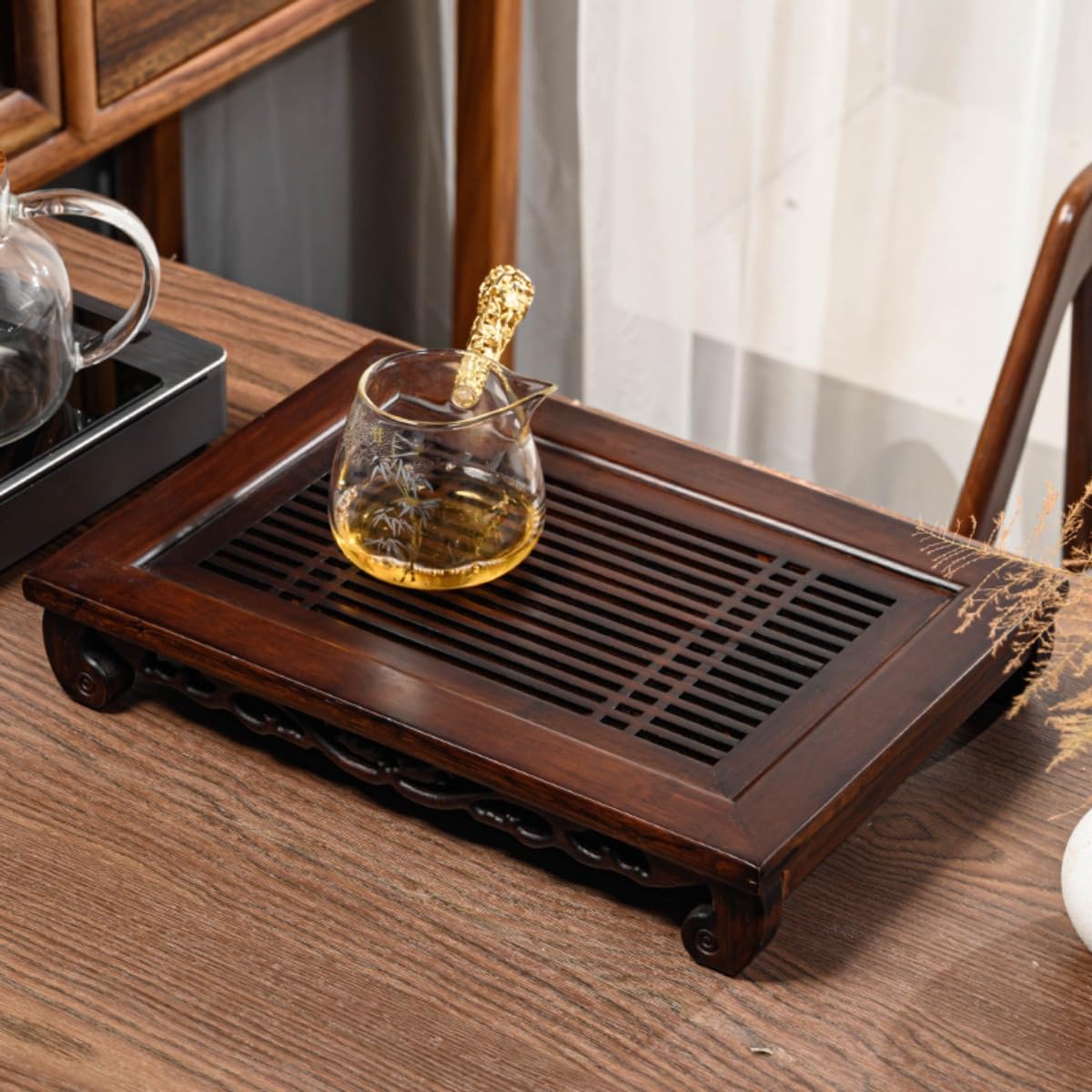 Amazon.co.jp: Auyyhui 中国茶盤・茶器 竹製茶トレイ・茶盆 排水付き