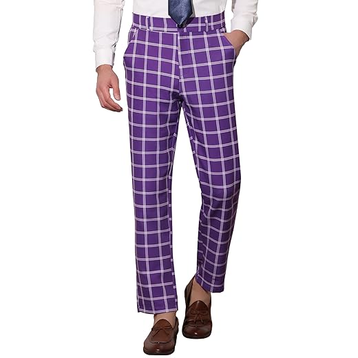 Lars Amadeus Calça social masculina formal color block slim fit frente lisa xadrez