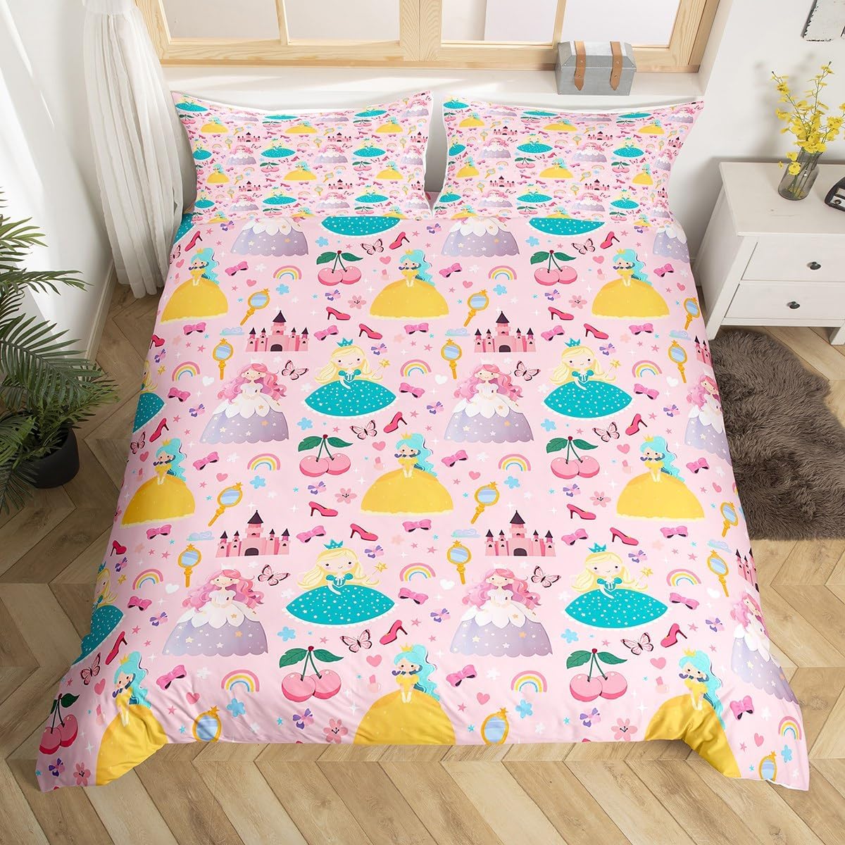 Erosebridal Princess Duvet Cover Toddler Size Cute Cartoon Rainbow Bedding Sets for Girls Kids Kawaii Butterfly Print Comforter Cover Dream Themed Bedspread Cover Princess Style Bedding Pink