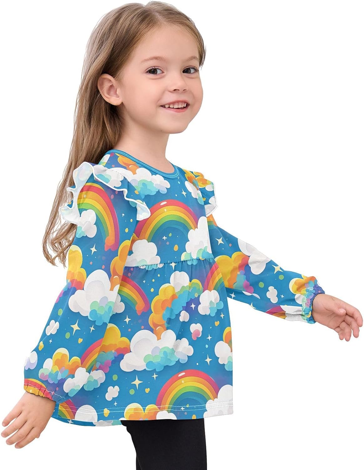 visesunny Toddler Clothes for Girls Colorful Sky Rainbow Long Sleeve Fall Shirts Cotton Top with Ruffle Collar