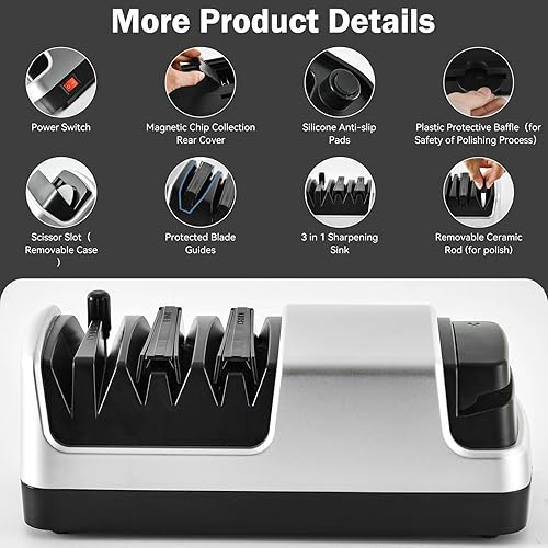 Miniatura 4 de Afilador de cuchillos eléctrico profesional para cuchillos rectos o dentadosde cerámica, tijeras, sistema de afilado de cuchillos de cocina