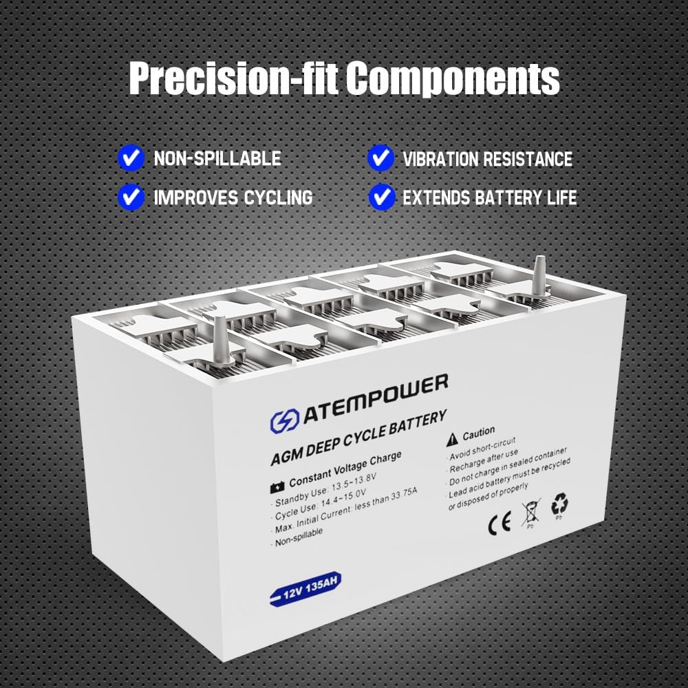 Atem Power 12V AGM SLA Deep Cycle Battery (135Ah), Lead Acid for Cars, Trucks, Solar Power