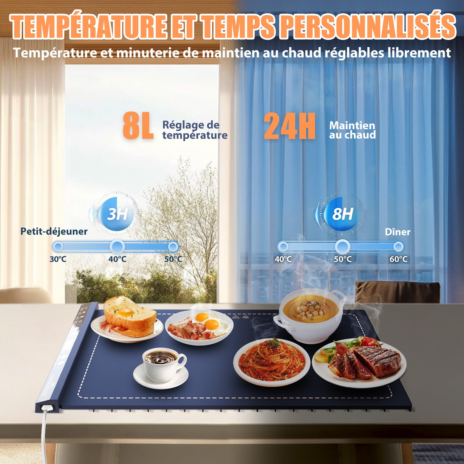 Tapis Chauffant Alimentaire 57x39 cm – Plateau Chauffant en Silicone avec 8 Niveaux de Température, Minuterie, Pliable pour Buffet, Fête, Pique-nique, Camping