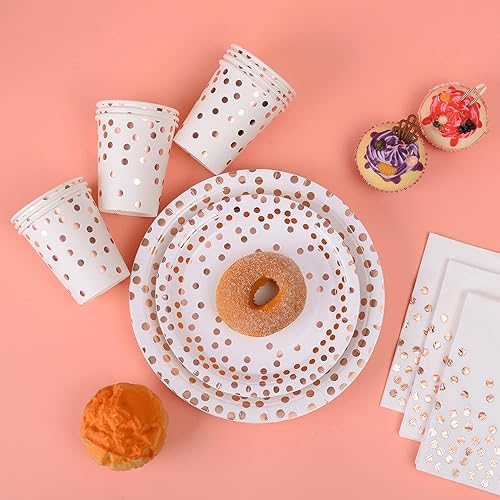 Miniatura 3 de YAOSHENG 201 piezas de suministros de fiesta de oro rosa, lunares de oro rosa en platos de papel blanco y servilletas, tazas de cubiertos que sirven