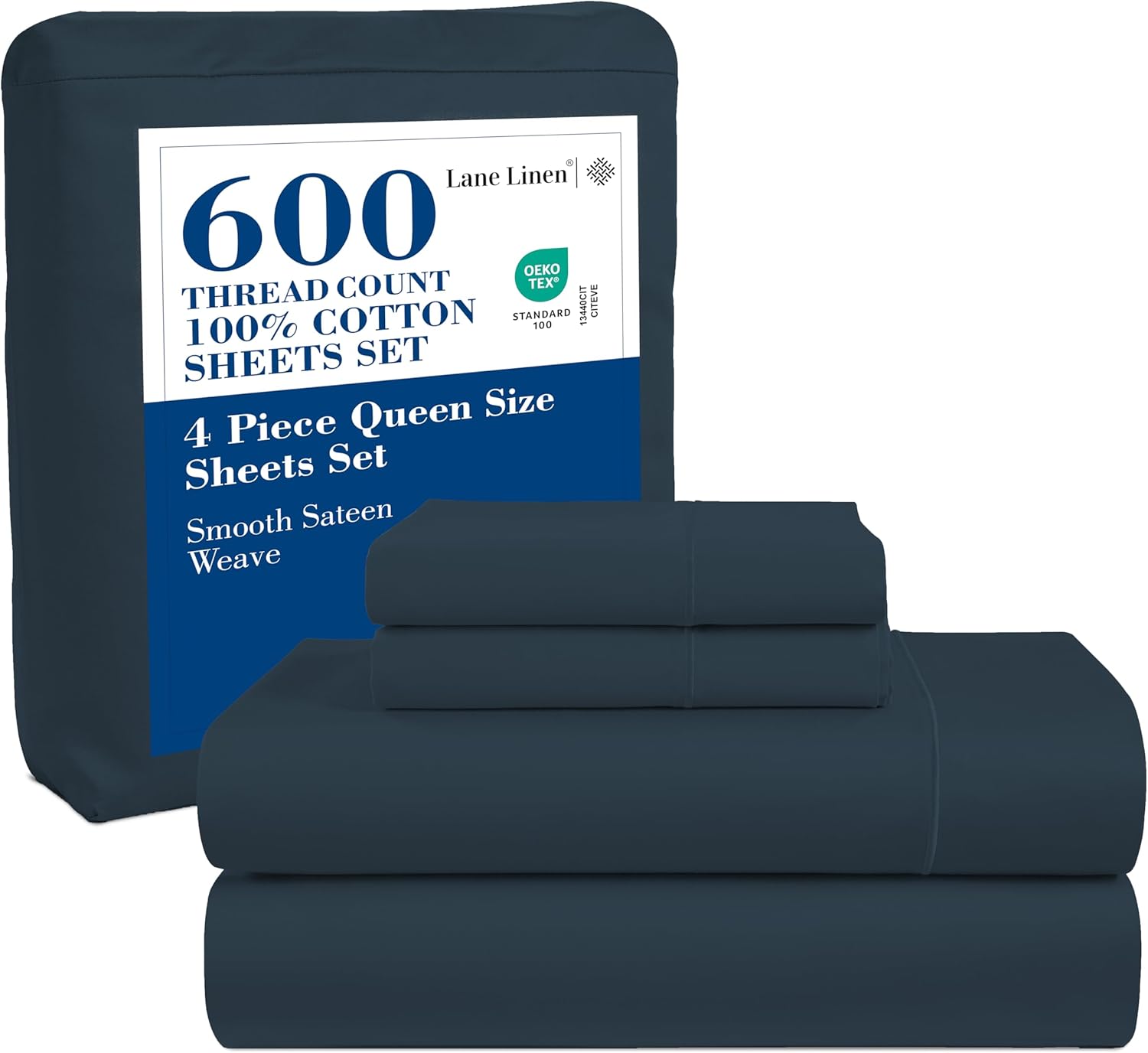 LANE LINEN 100% Cotton Sheets Queen Size  600 Thread Count Naturally Cooling Queen Bed Set, Durable Bedding for Daily Use, Luxury Sateen Finish, Snug Fit 15" Deep Pocket Fitted Sheet  Estate Blue