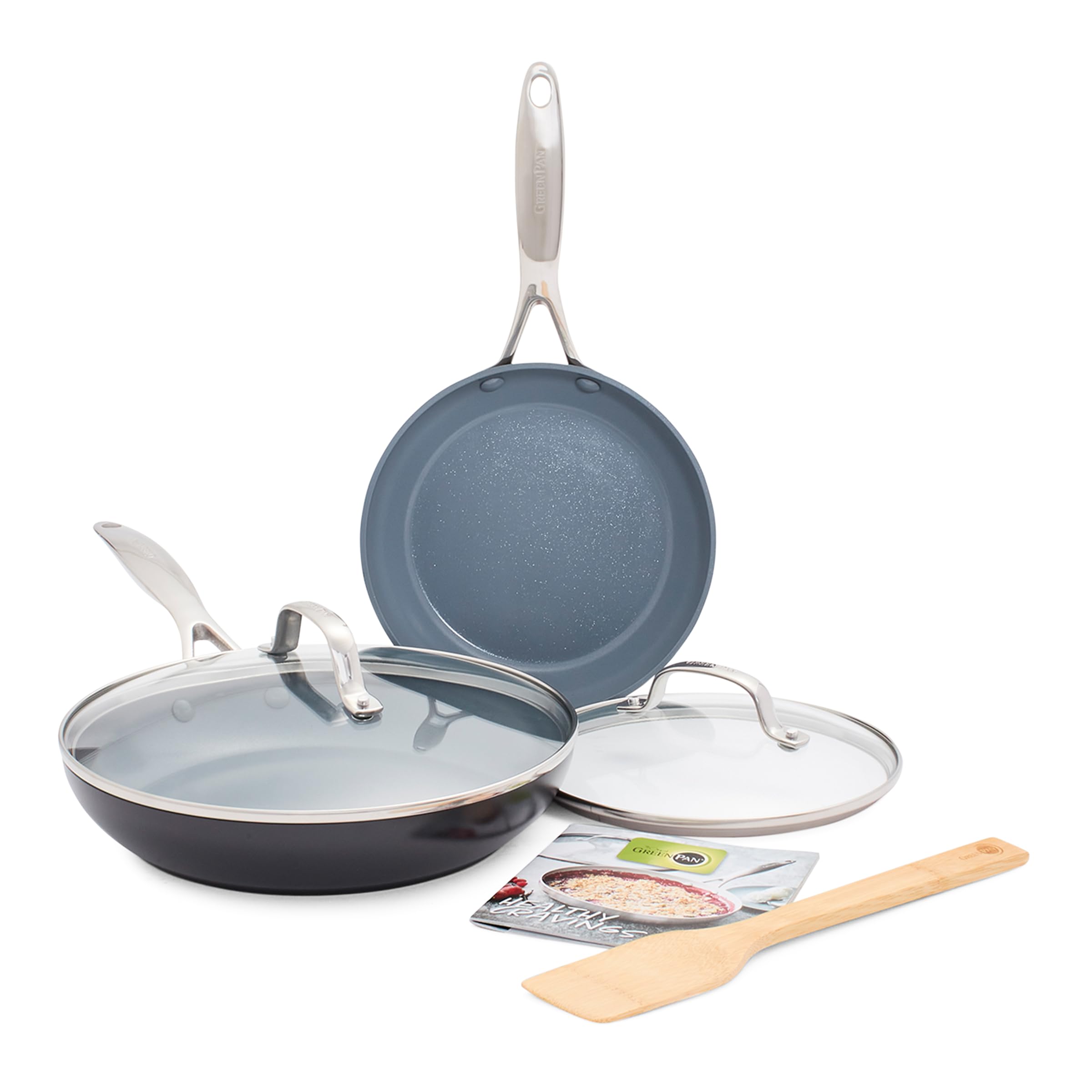GreenPan Valencia Pro Set Poêles avec Couvercles, Anodisées Dures, Compatible Induction, Céramique Antiadhésive Saine, 20,3 cm et 25,4 cm, Gris