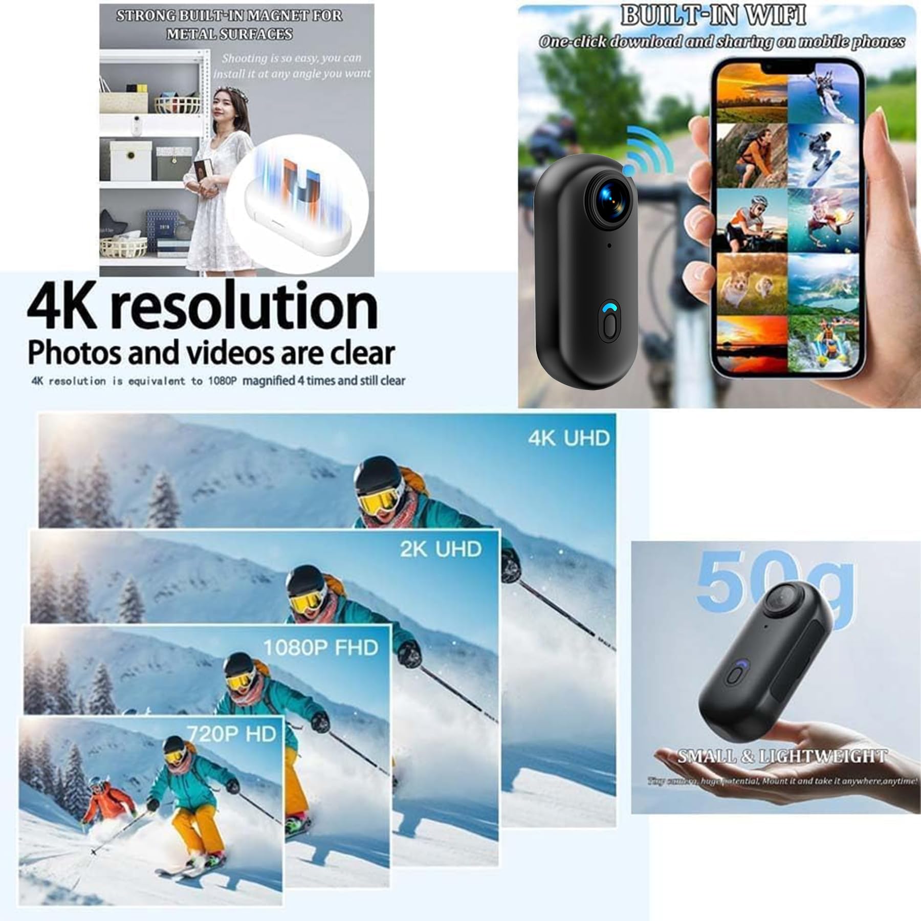 Mini Action Cam 4K,Action Camera,Tragbare Kamera mit 360° Drehbarem Clip und Magnetclip,Wasserdichter 4K-Körperkamera,Kleine Bodycam Körperkamera Überwachungskamera für Reisen, Outdoor