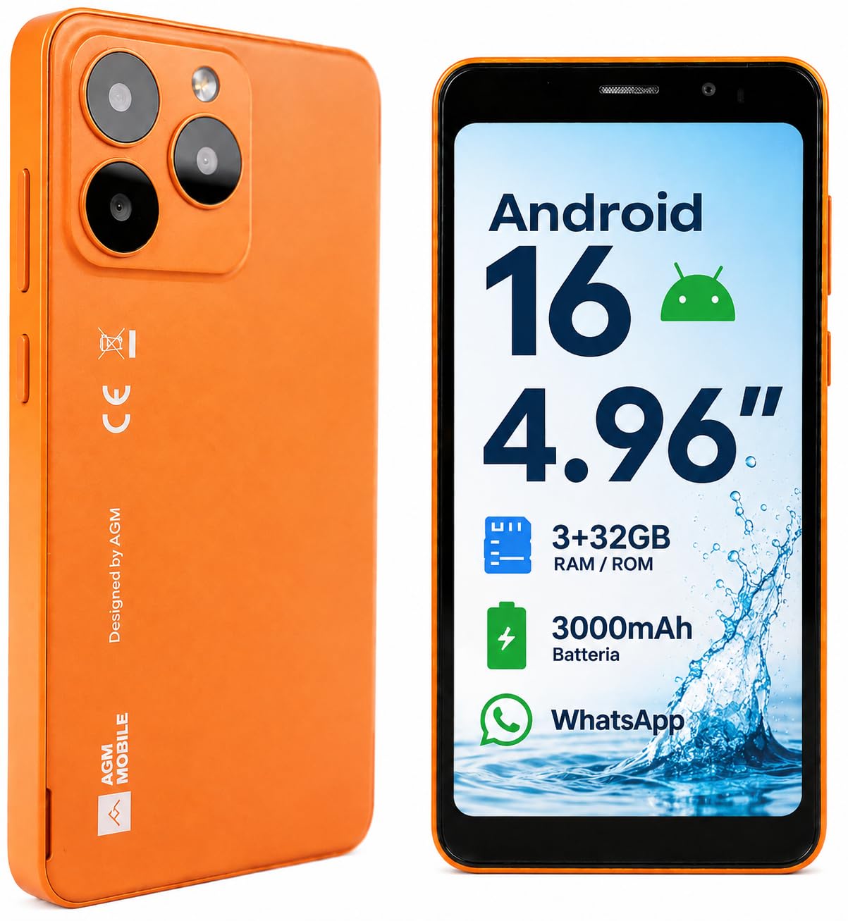 AGM N2 Mini Smartphone Android 16 3+32GB IP54 Doppia SIM Whatsapp 3000mAh | AGM N2 Mini Smartphone, Android 16 go, Schermo HD 4,96", 3GB+32GB, IP54 Doppia SIM, Batteria 3000mAh, WhatsApp, Arancione