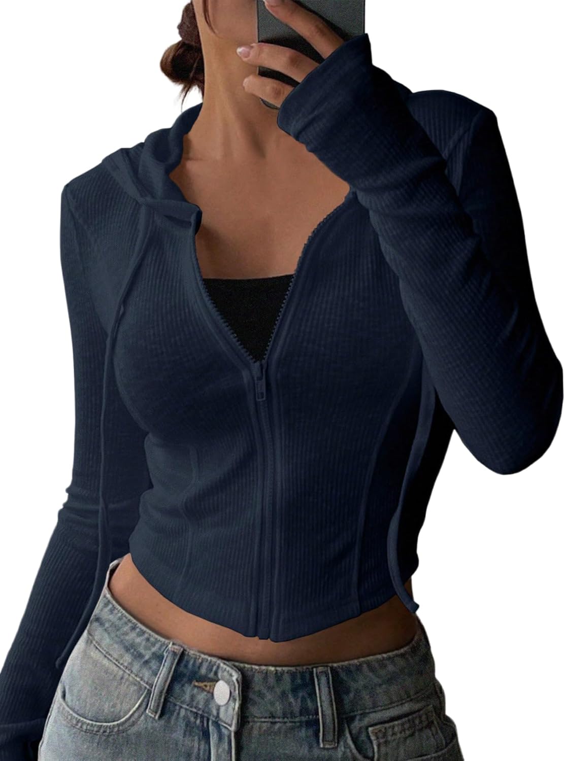 GORGLITTER Women's Cropped Zip Up Hoodie Lightweight Long Sleeve Rib Knit Slim Crop Jacket Fall Trendy 2025 - Image 2