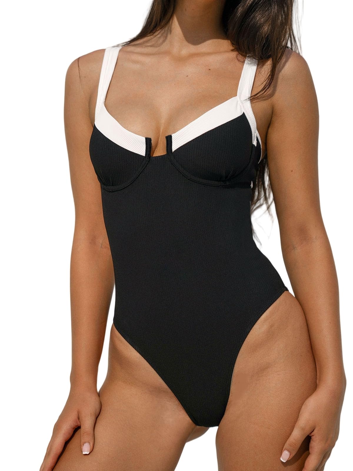 BERLOOK Womens Contrast Trim Knotted Slimming One-Piece Swimsuit Sexy Retro Bathing Suits