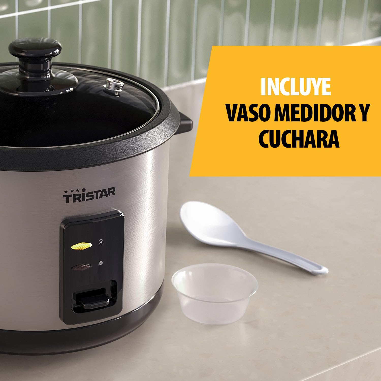 Tristar Olla Arrocera, Capacidad 1,8 L, Cuerpo de Acero Inoxidable con Tapa de Cristal, Recipiente Antiadherente, Apagado Automático y Función Mantener Caliente, 700 W, RK-6148