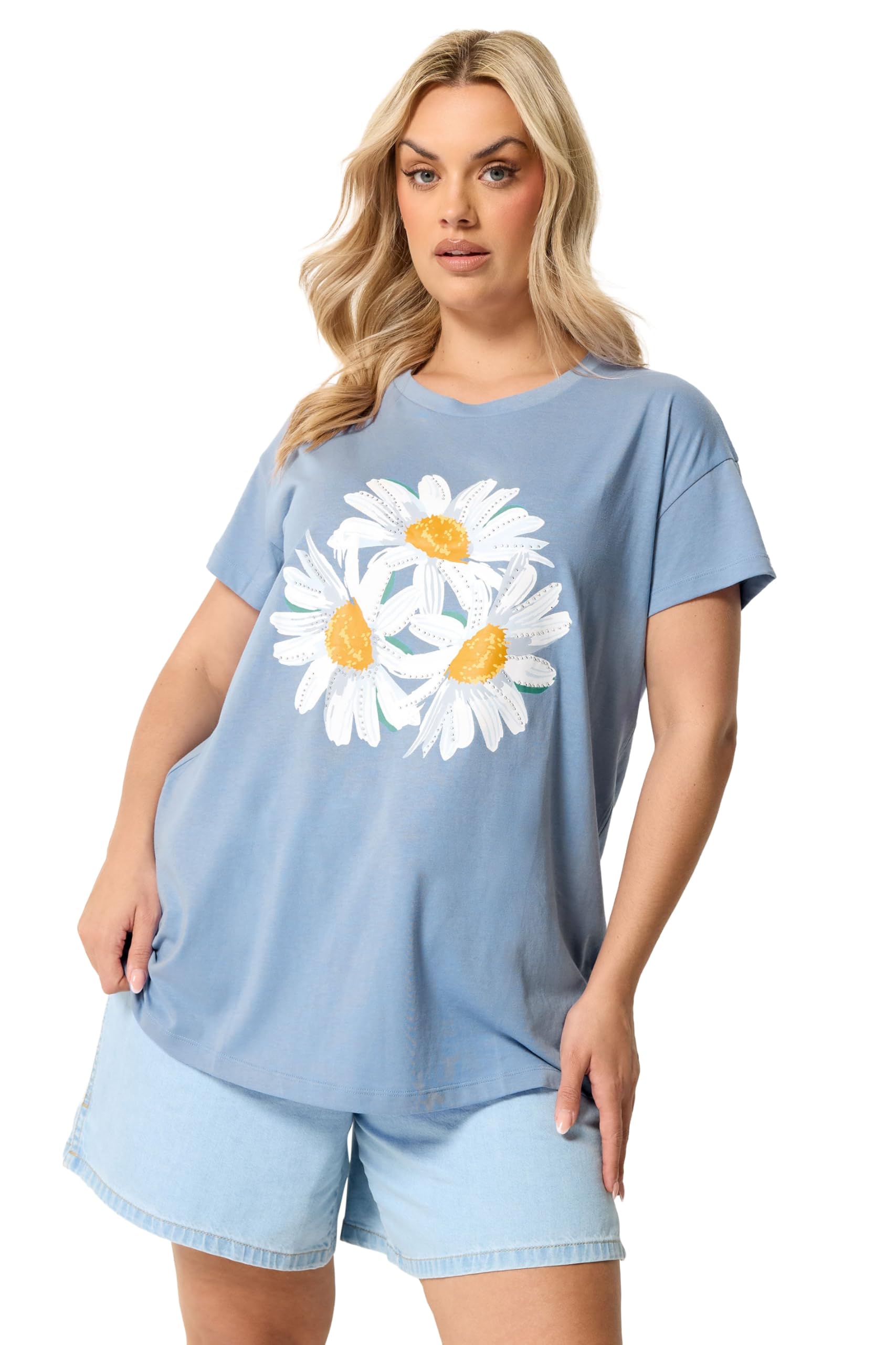 Yours Women's Light Blue Studded Daisy T-Shirt In Size 18