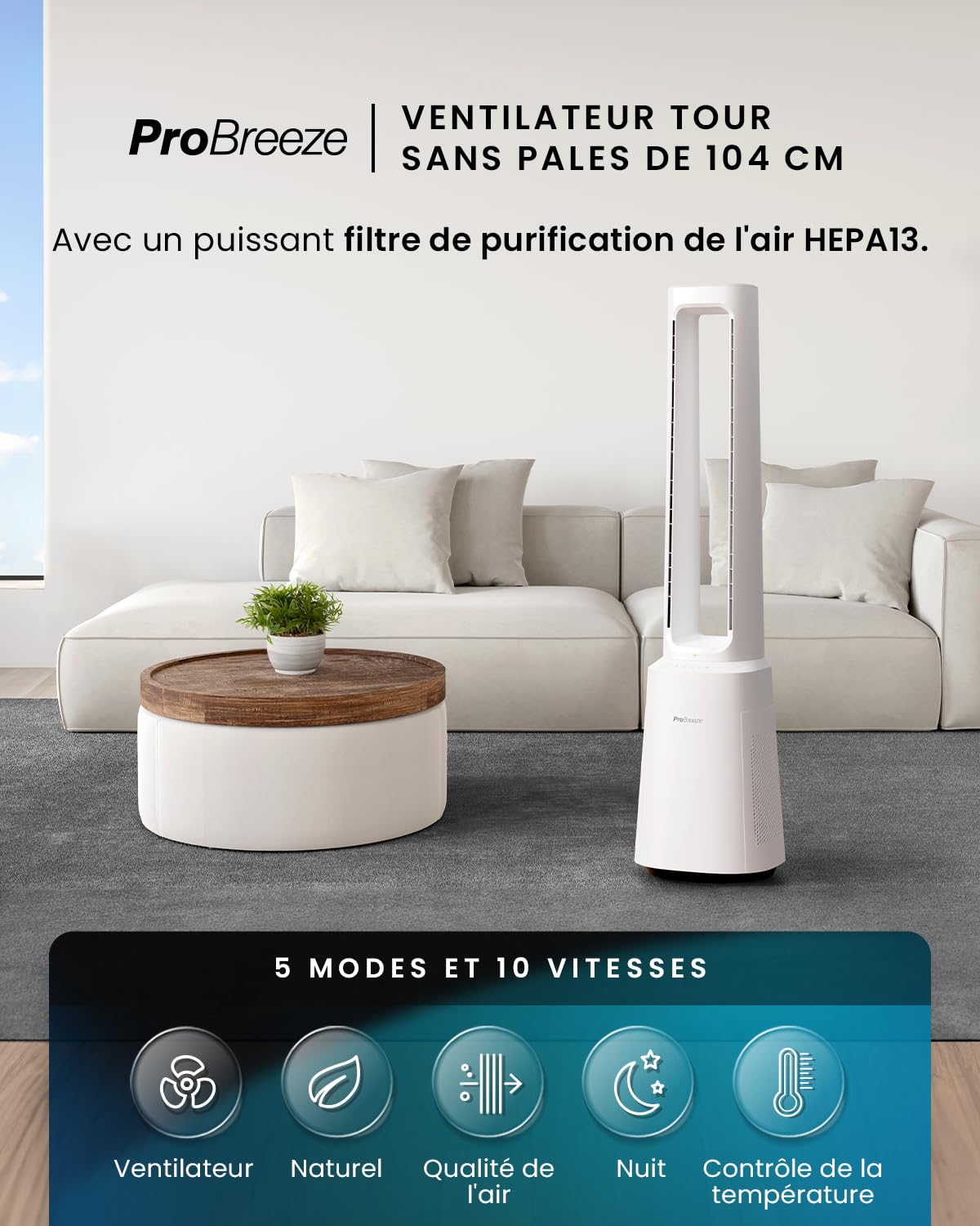 Pro Breeze OmniAir Ventilateur Colonne Purificateur d'Air, Ventilateur Sans Pale 105cm Silencieux, Tour avec Filtre HEPA, Télécommande, 10 Vitesses, Oscillation 75°, Ventilateur Sans Lame