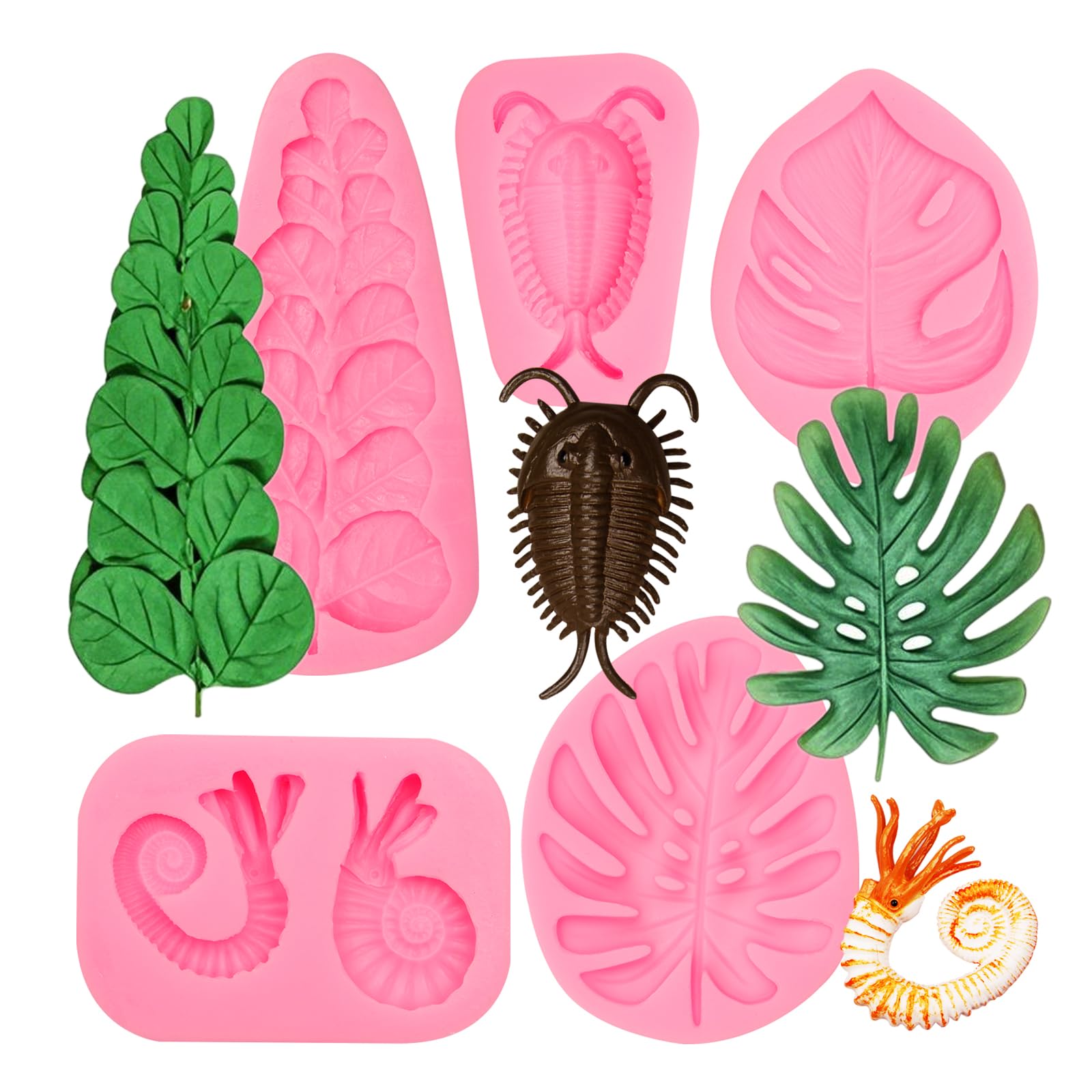 Leaf Molds Silicone 5 Packs Fossils Tropical Leaves Fondant Mold for Cake Decoration Cupcake Toppers Candy Chocolate Gum Paste Polymer Clay